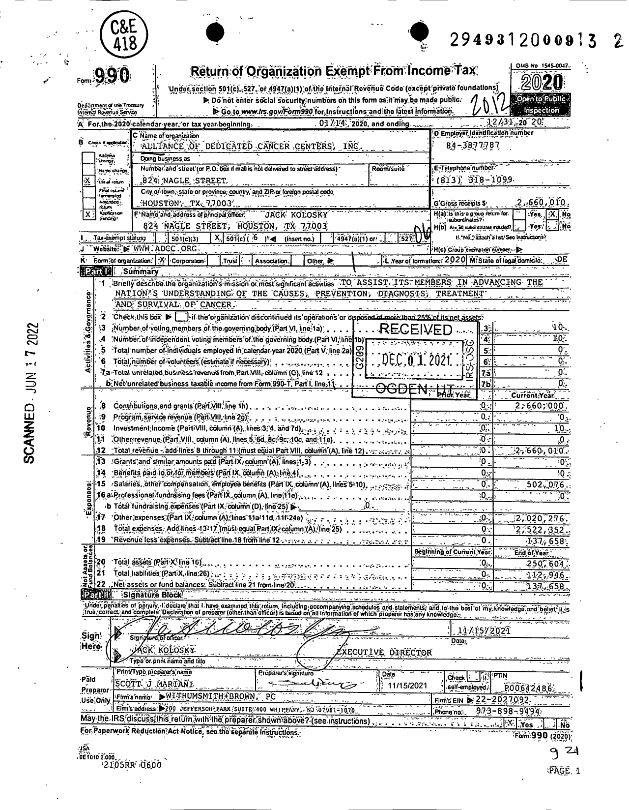 Image of first page of 2020 Form 990O for Alliance of Dedicated Cancer Centers