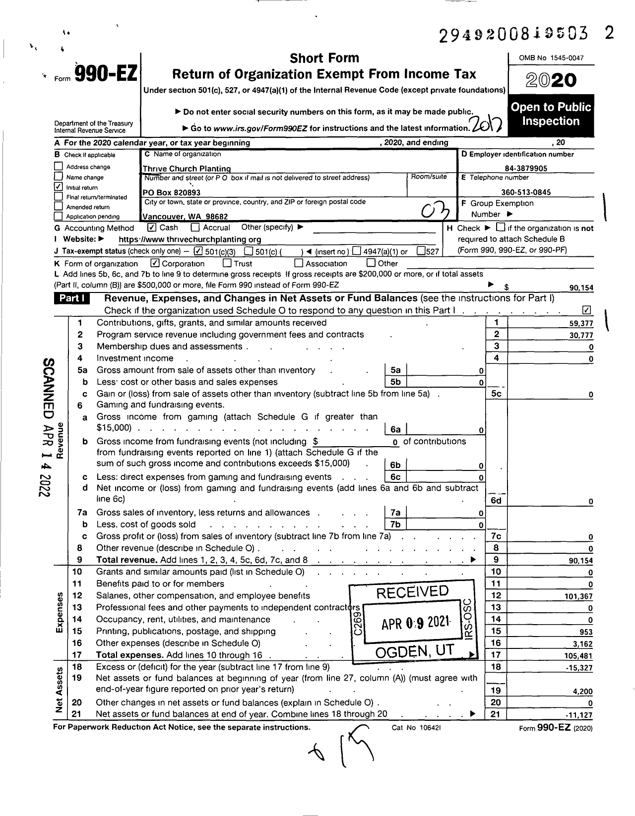 Image of first page of 2020 Form 990EZ for Thrive Church Planting