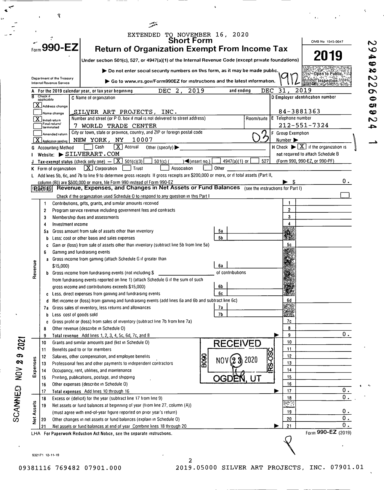 Image of first page of 2019 Form 990EZ for Silver Art Projects