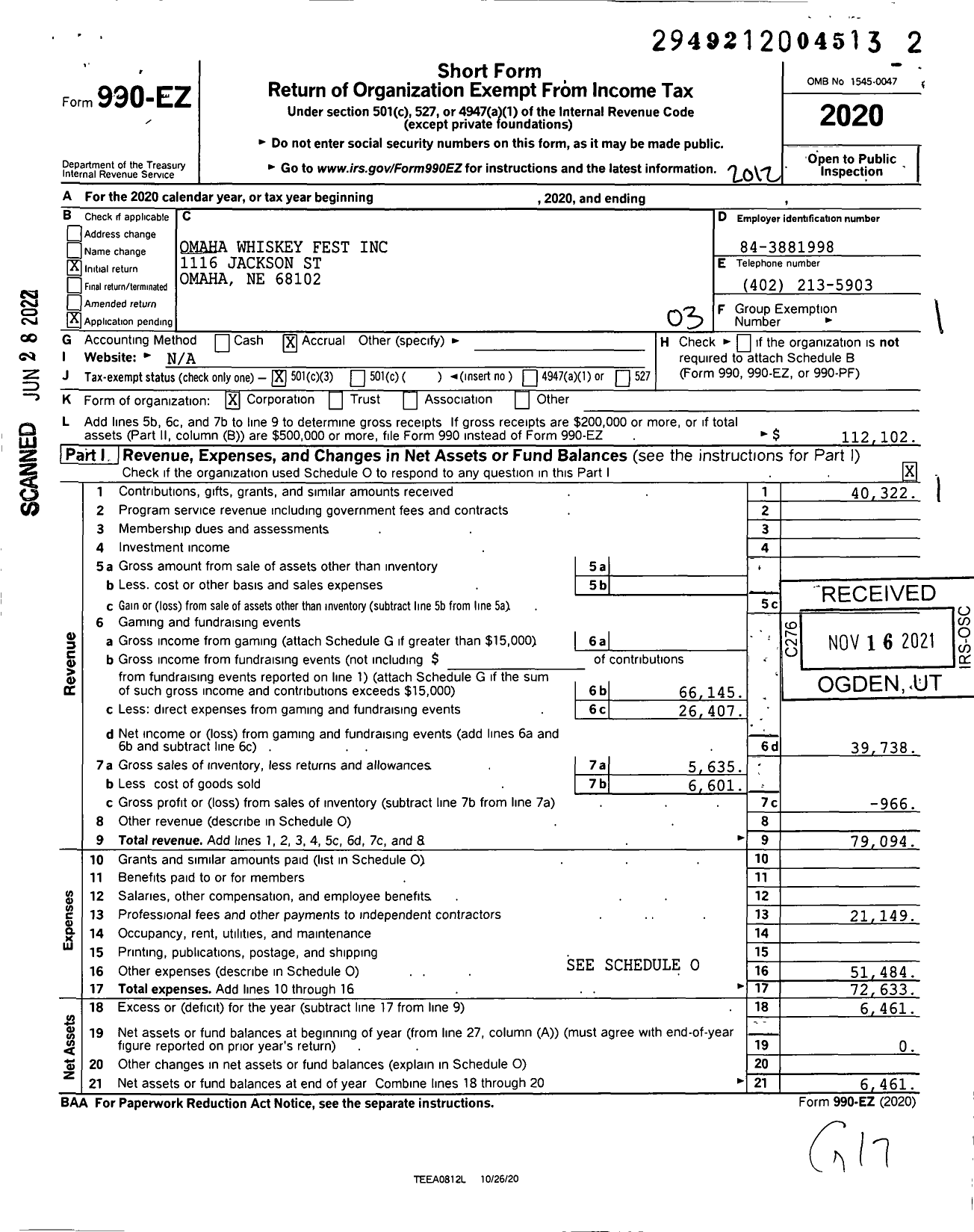 Image of first page of 2020 Form 990EZ for Omaha Whiskey Fest