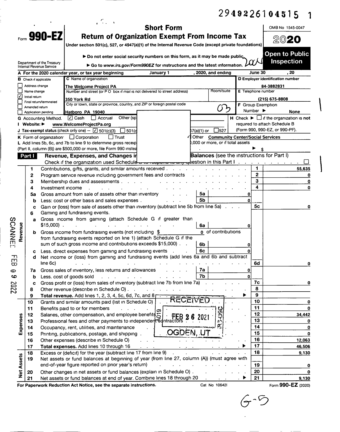 Image of first page of 2019 Form 990EZ for Welcome Project Pa