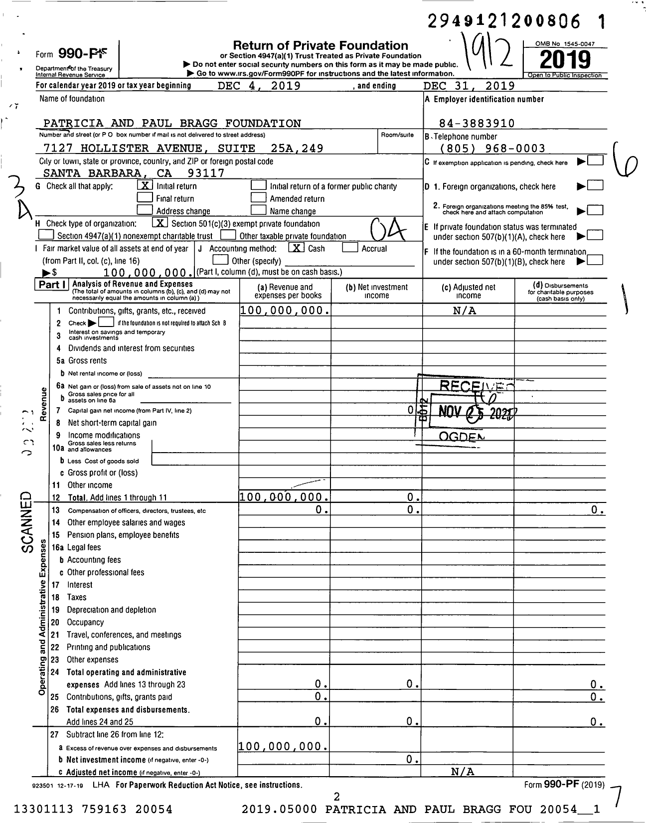 Image of first page of 2019 Form 990PF for The Patricia and Paul Bragg Foundation