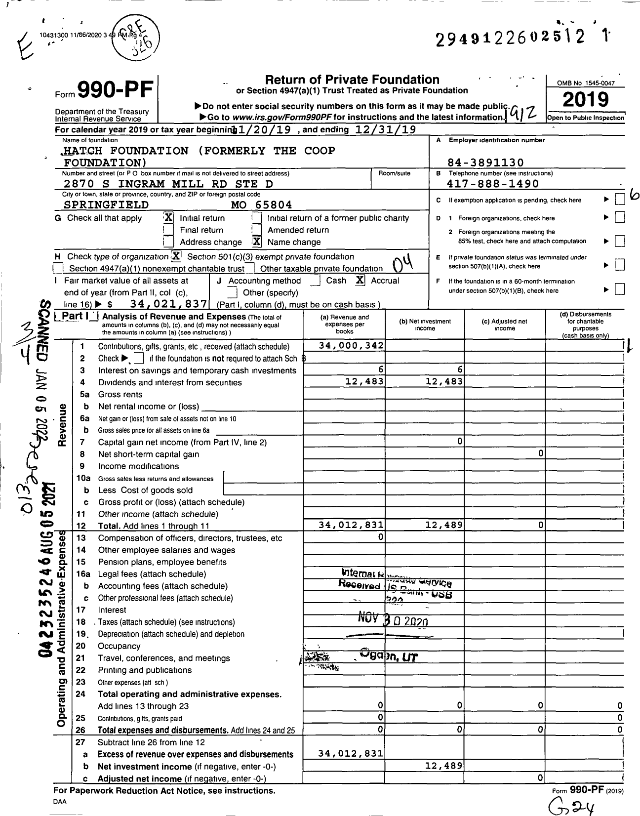 Image of first page of 2019 Form 990PF for Hatch Foundation