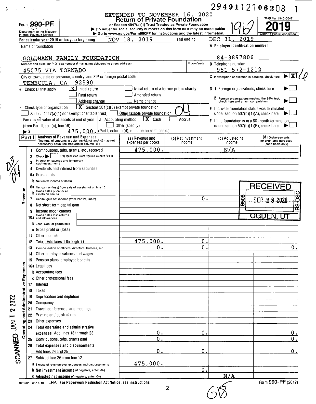 Image of first page of 2019 Form 990PF for Goldmann Family Foundation