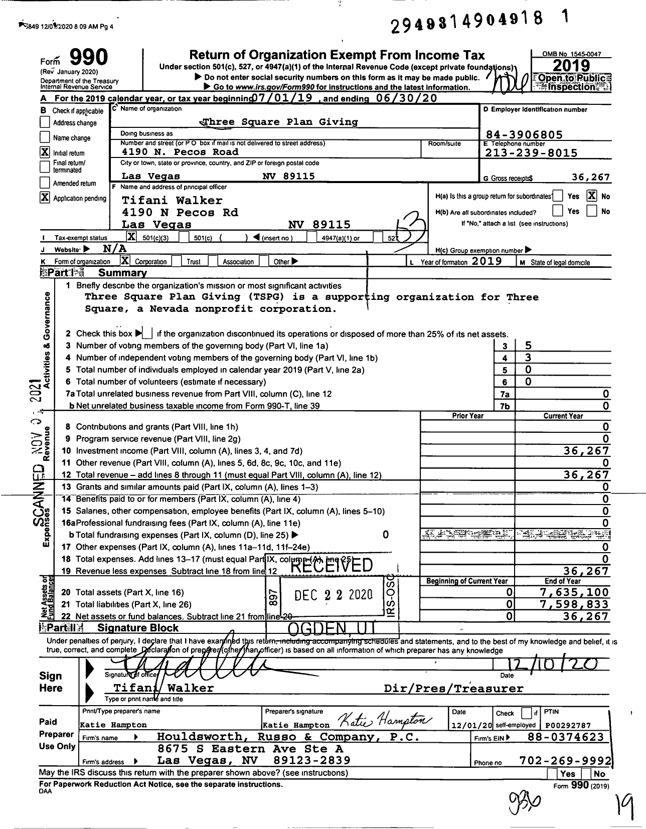 Image of first page of 2019 Form 990 for Three Square Plan Giving