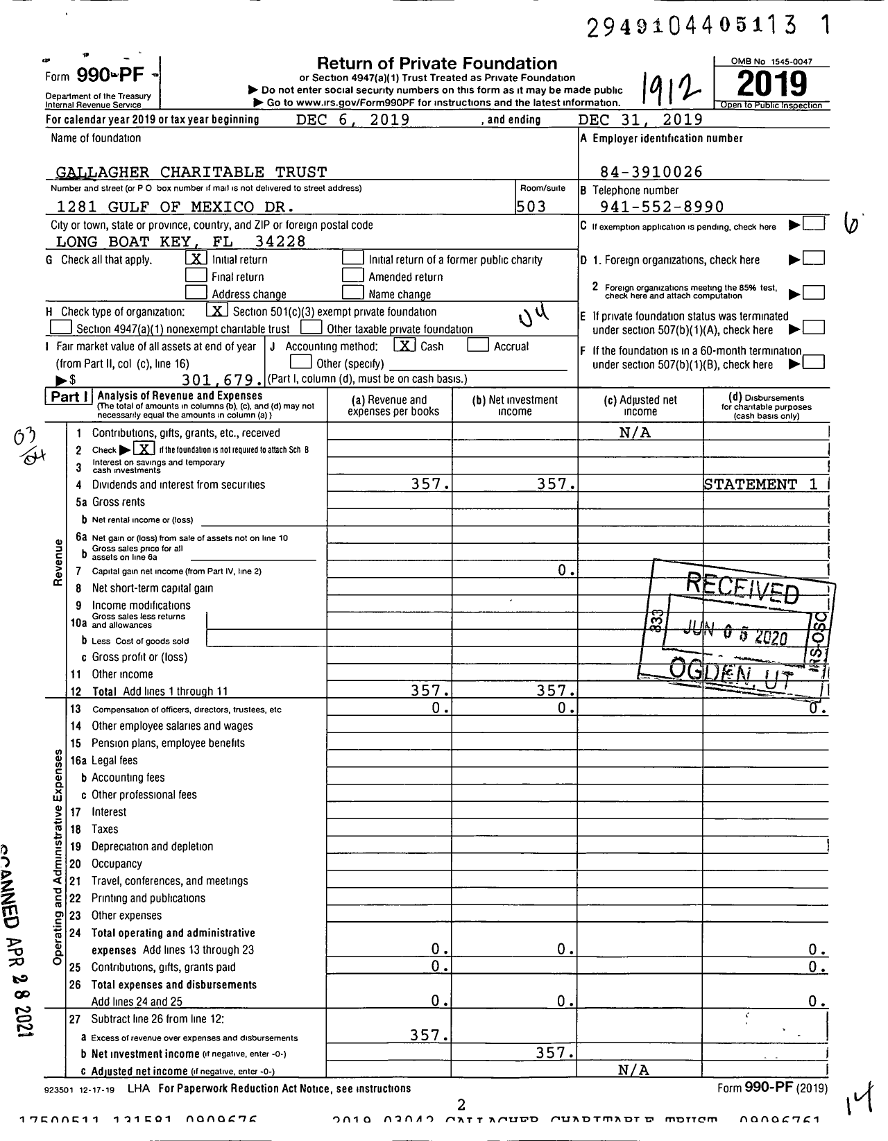 Image of first page of 2019 Form 990PF for Gallagher Charitable Trust