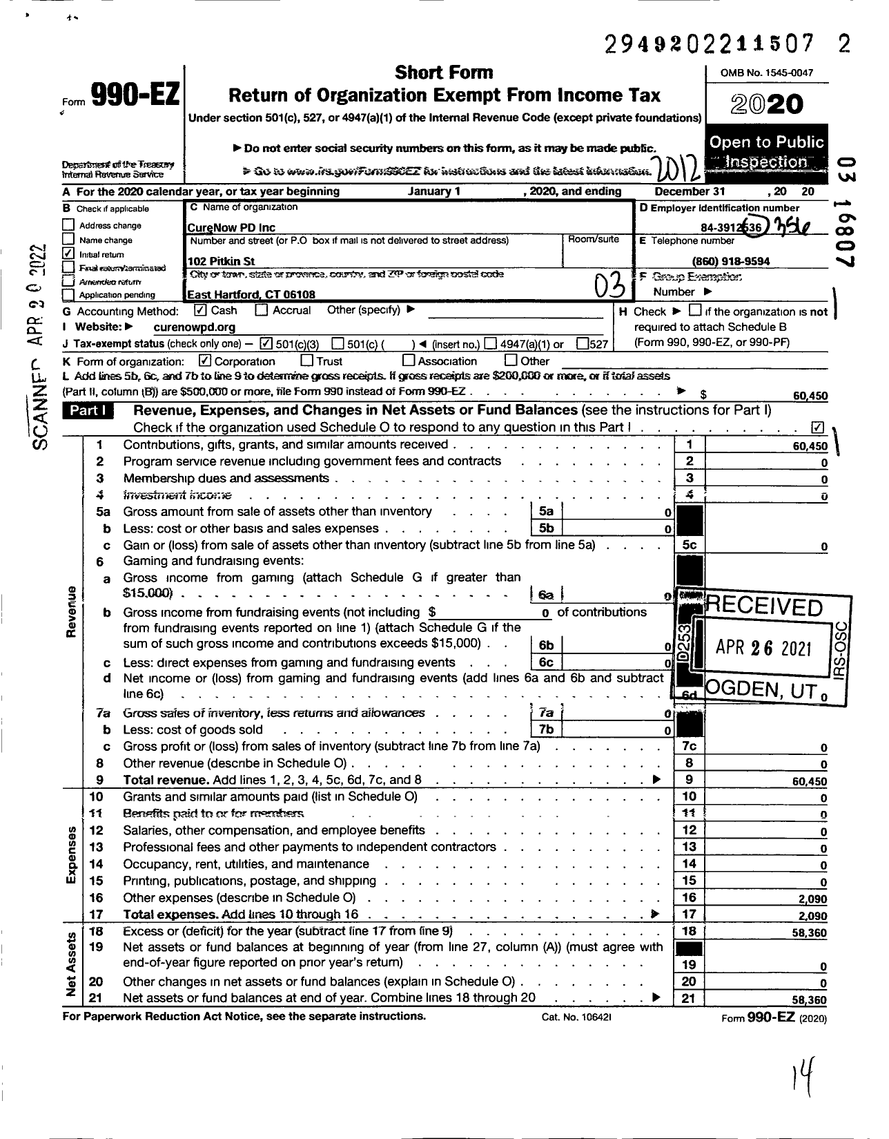 Image of first page of 2020 Form 990EZ for Curenow PD