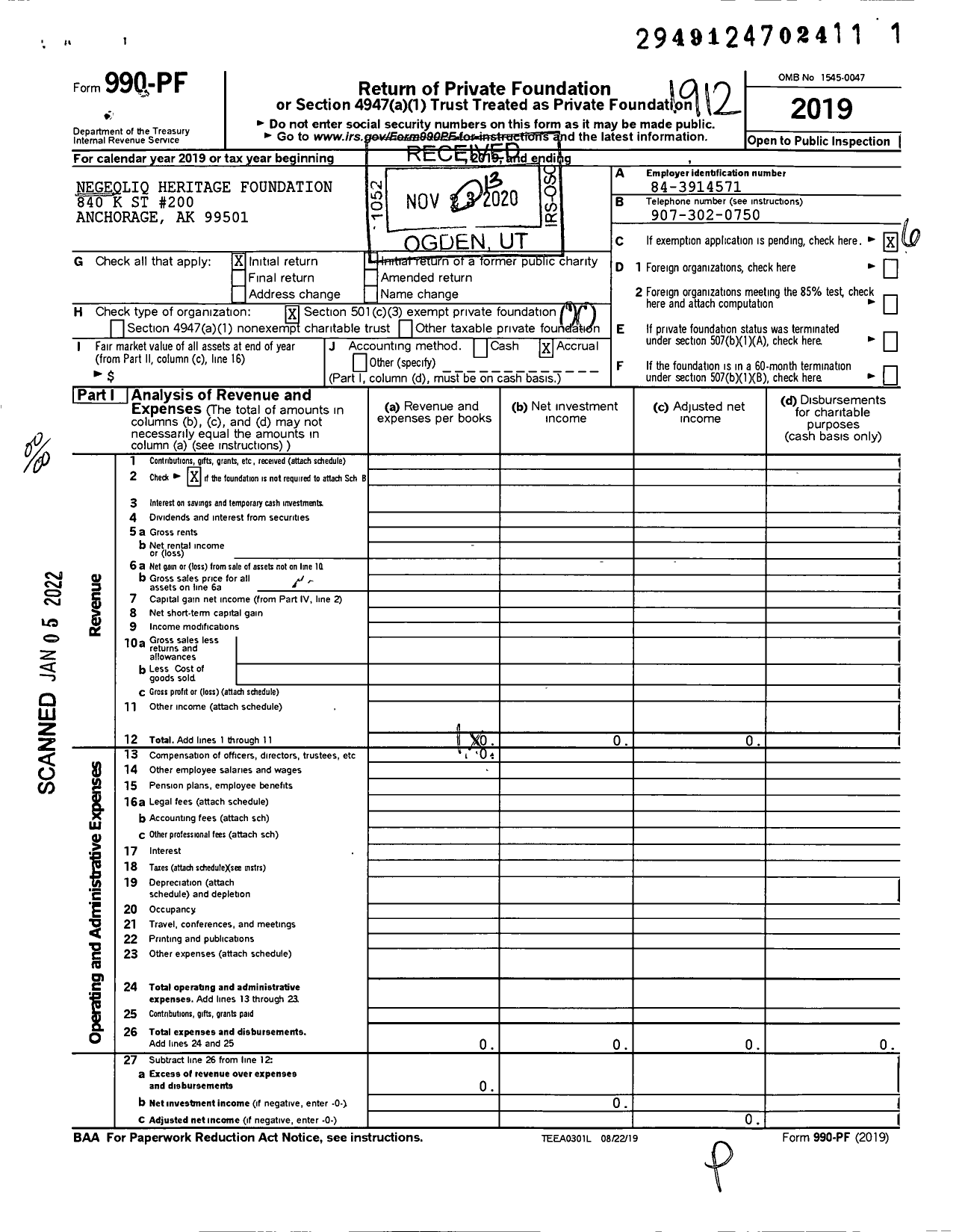 Image of first page of 2019 Form 990PF for Negeqliq Heritage Foundation