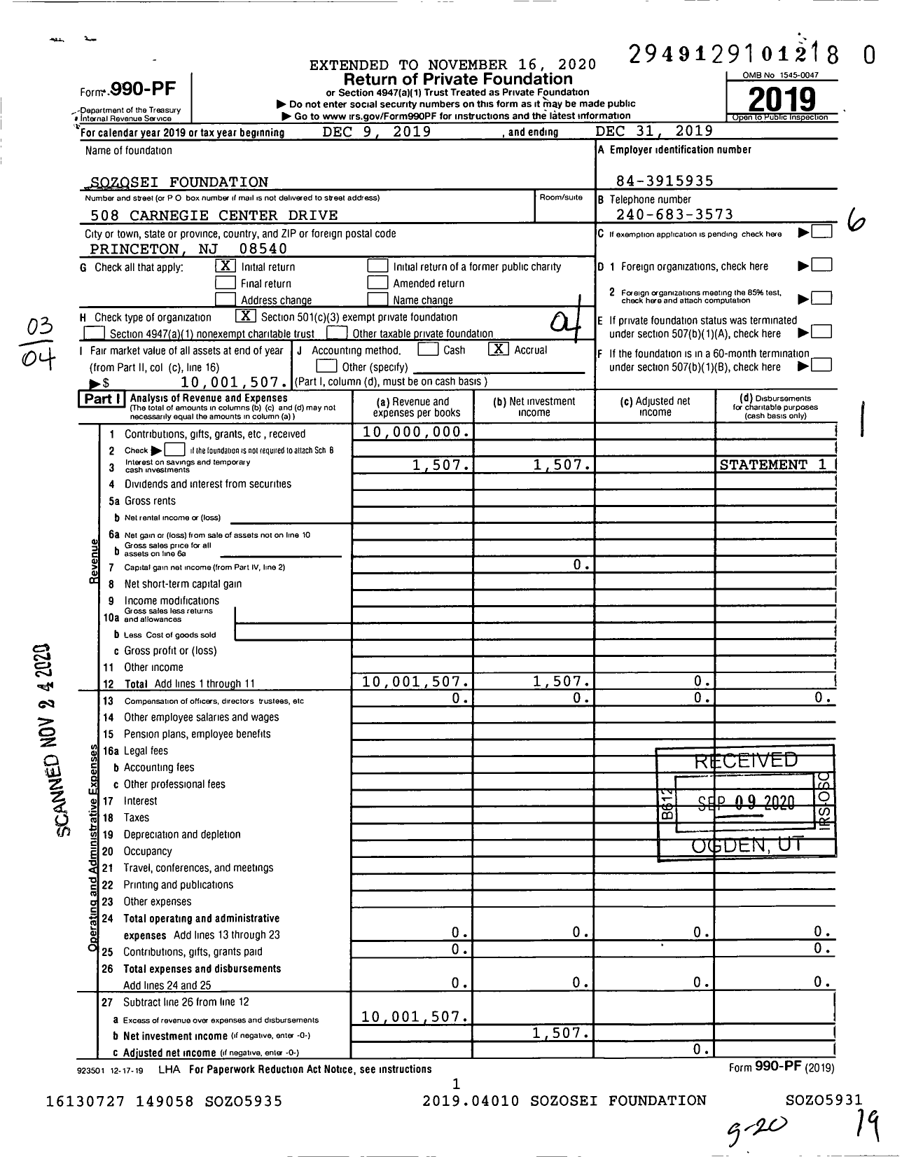 Image of first page of 2019 Form 990PF for Sozosei Foundation