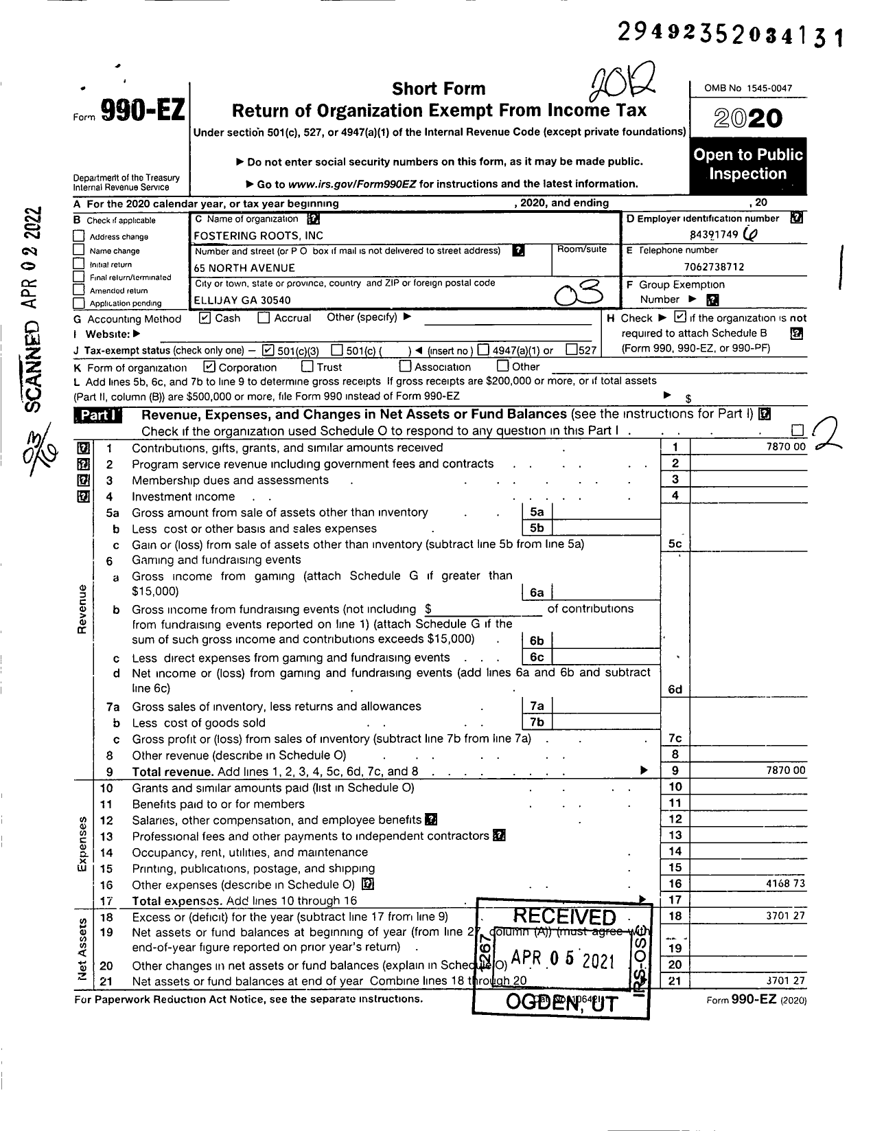 Image of first page of 2020 Form 990EZ for Fostering Roots
