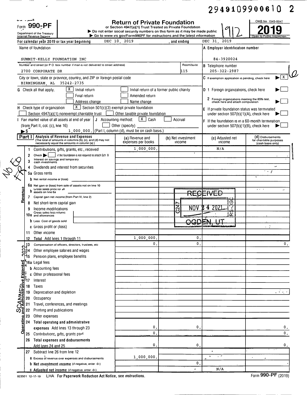 Image of first page of 2019 Form 990PF for Summit-Kelly Foundation