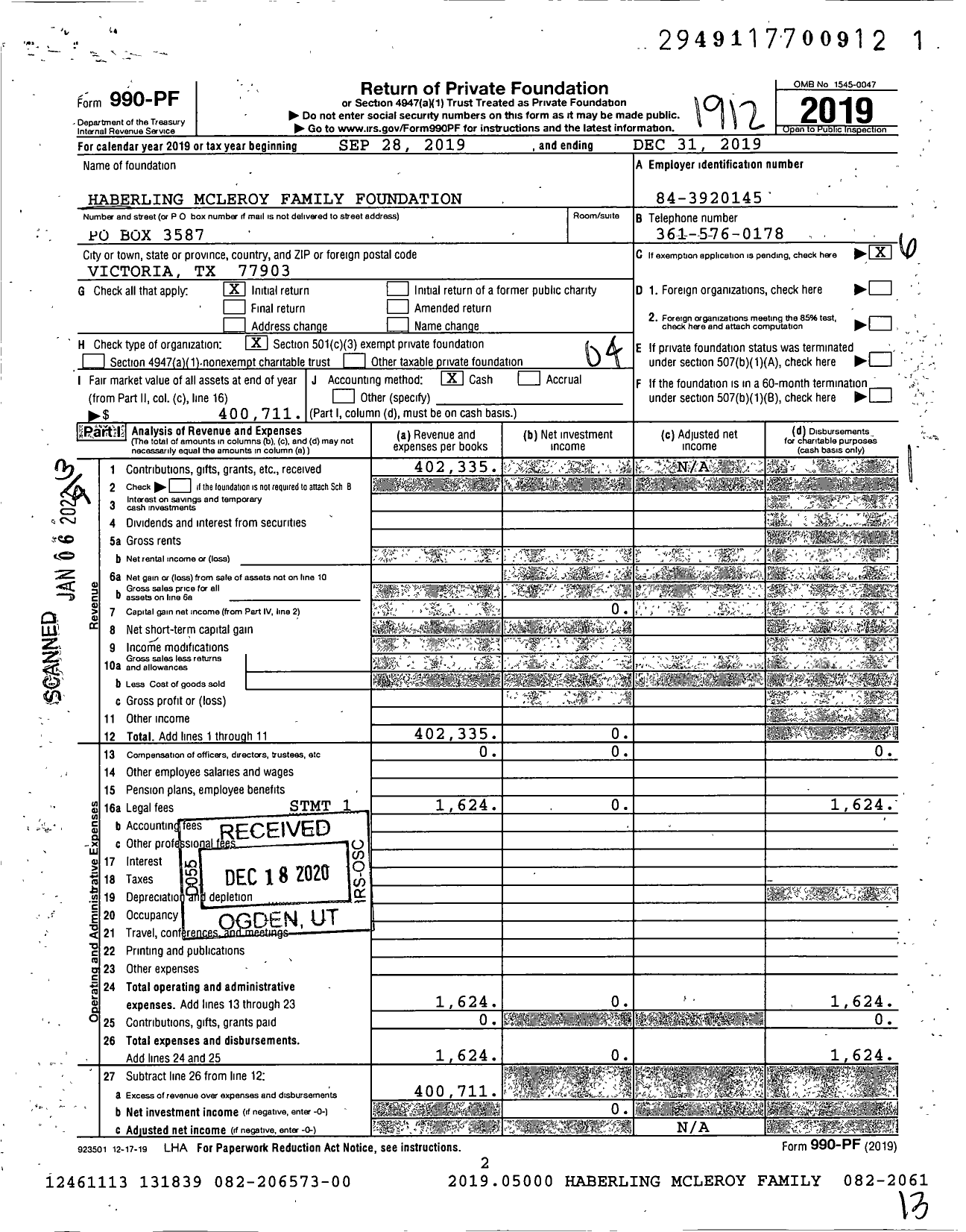 Image of first page of 2019 Form 990PF for Haberling Mcleroy Family Foundation