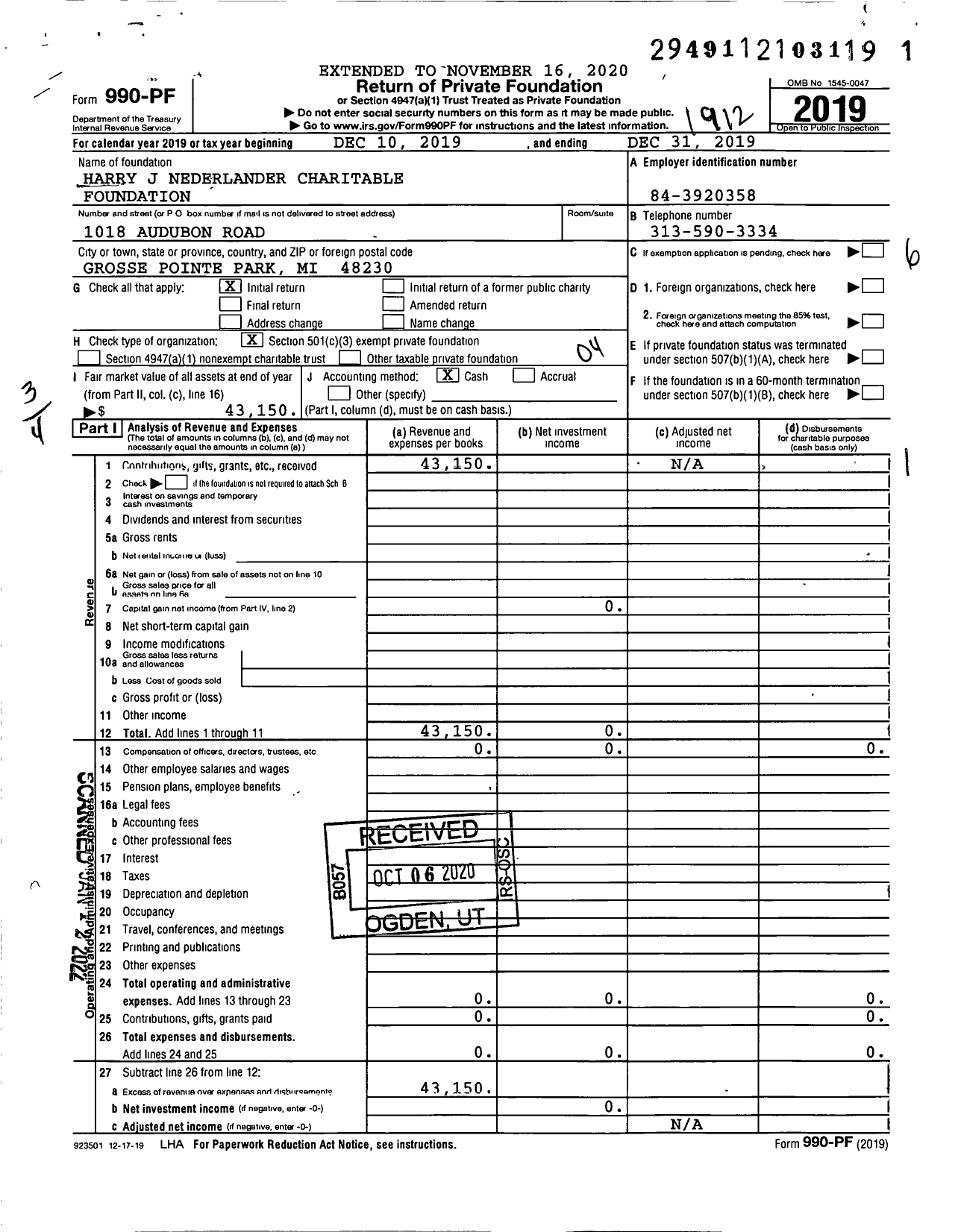 Image of first page of 2019 Form 990PF for Harry J Nederlander Charitable Foundation