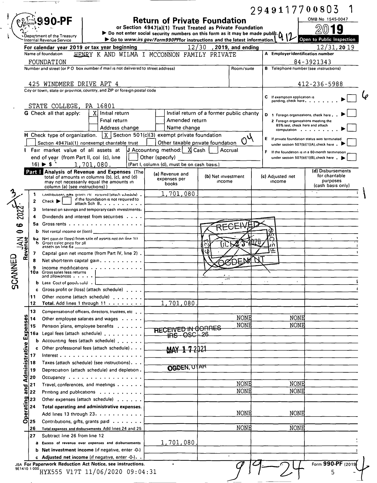 Image of first page of 2019 Form 990PF for Henry K and Wilma I Mcconnon Family Private