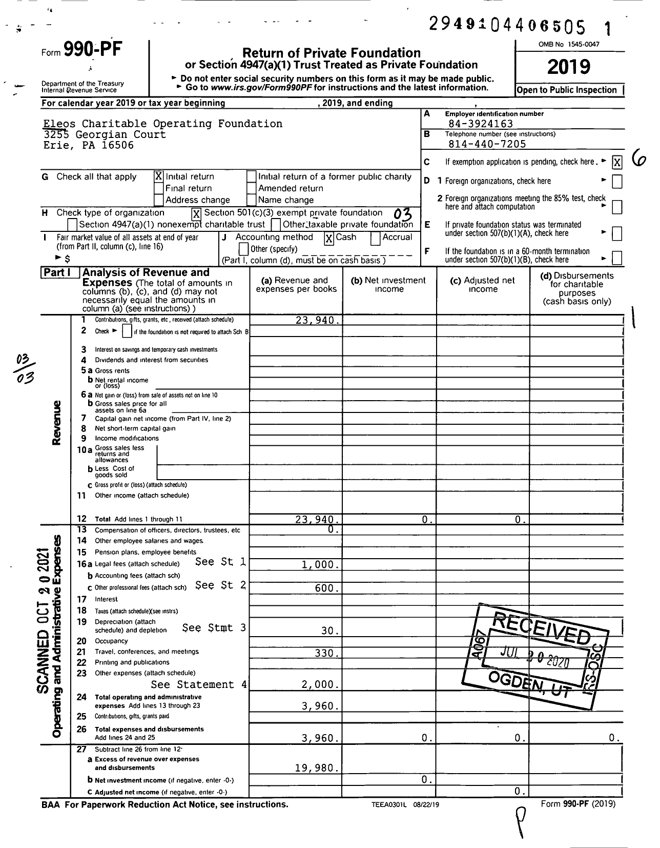 Image of first page of 2019 Form 990PF for Eleos Charitable Operating Foundation