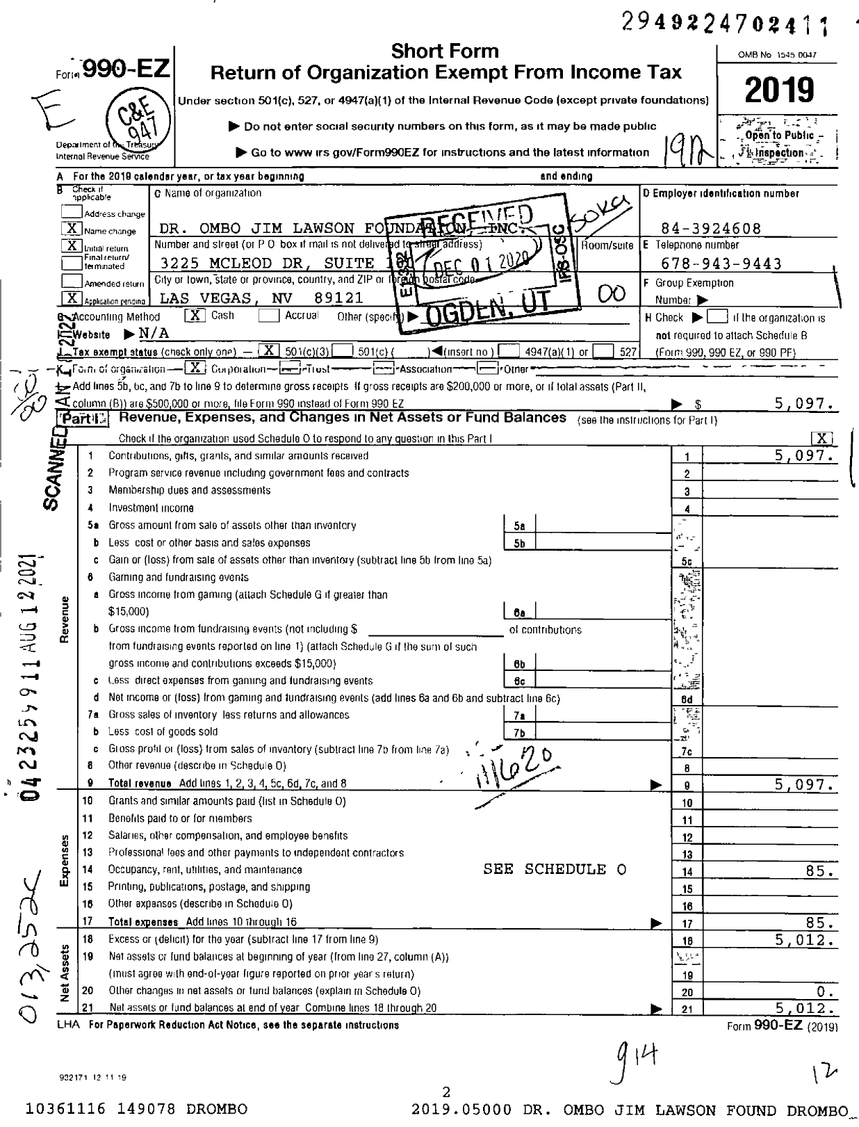 Image of first page of 2019 Form 990EO for Dr Ombo Jim Lawson Foundation