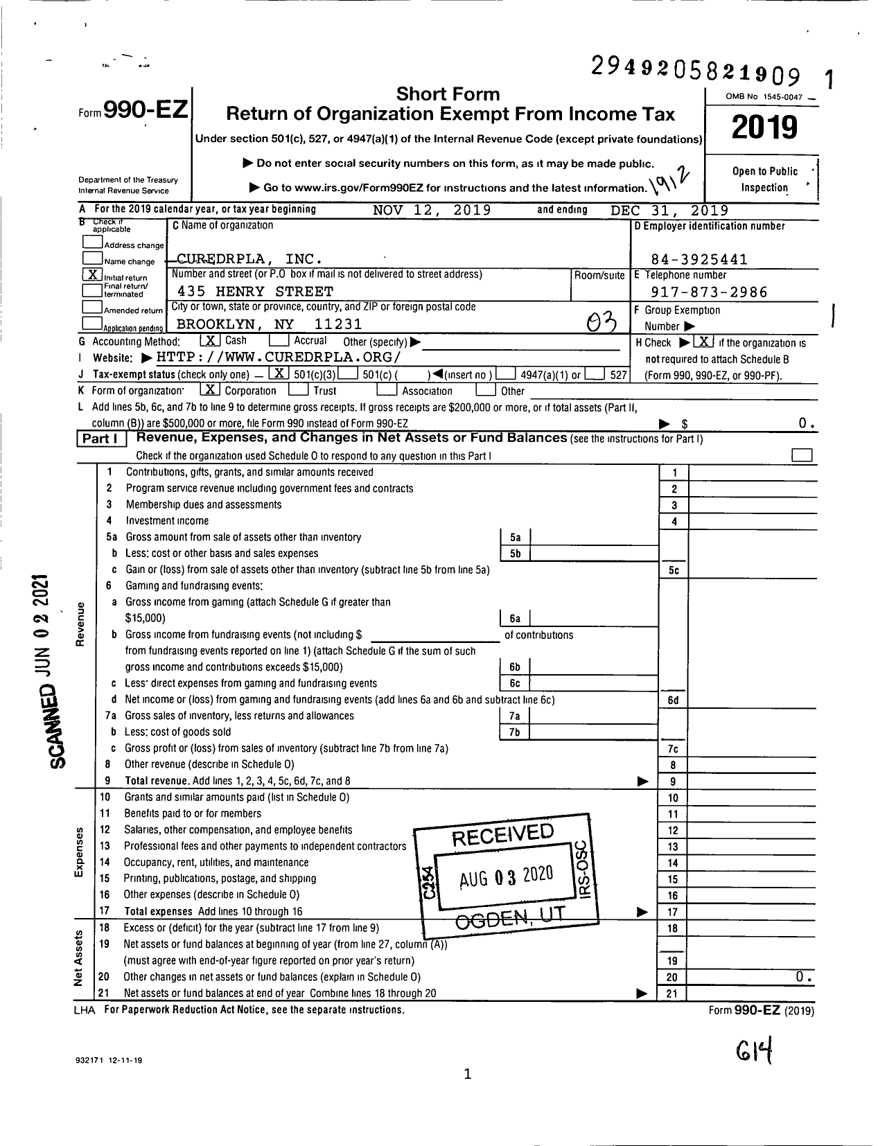 Image of first page of 2019 Form 990EZ for Curedrpla