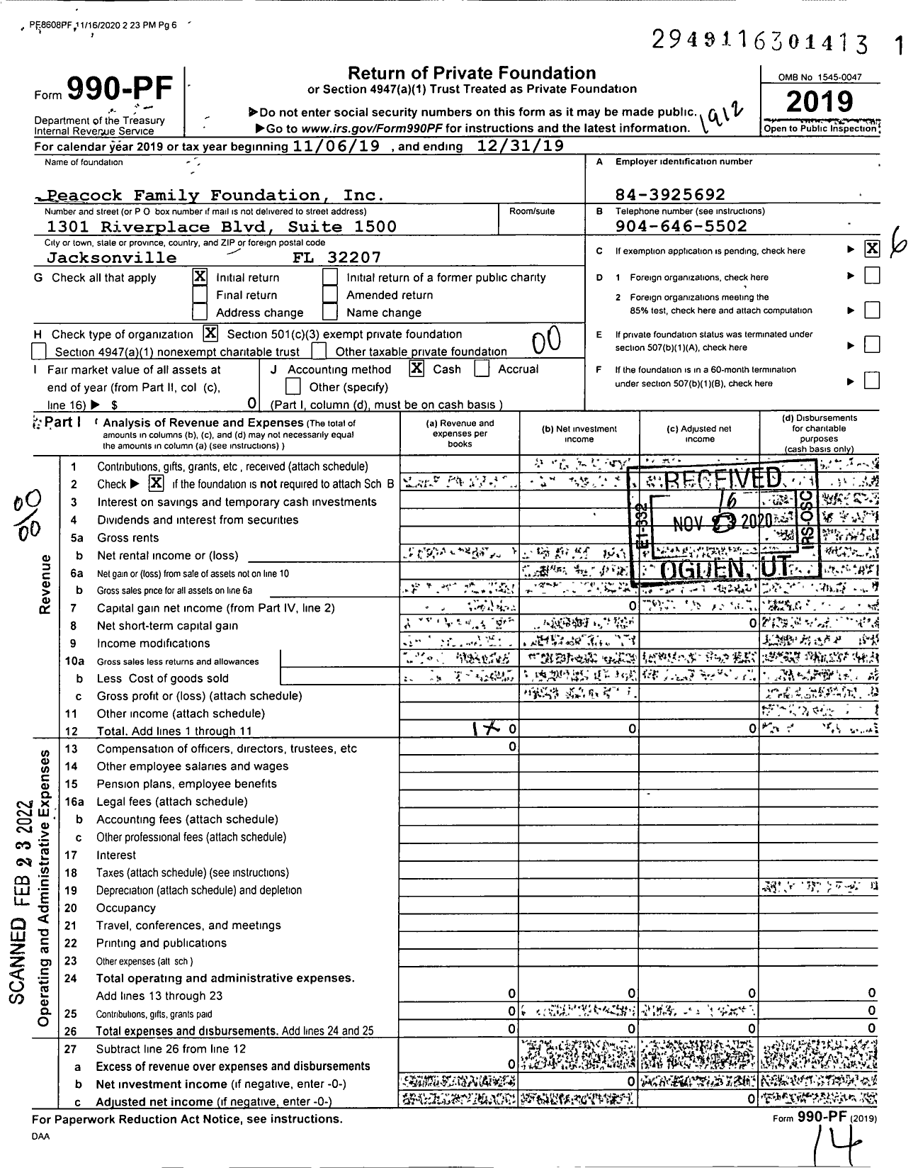 Image of first page of 2019 Form 990PF for Peacock Family Foundation