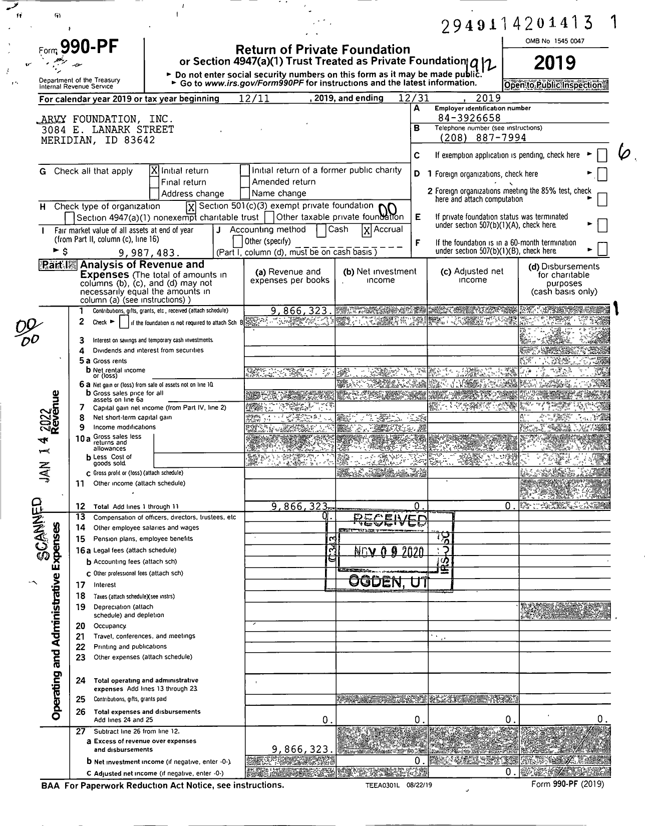 Image of first page of 2019 Form 990PF for Arvy Foundation