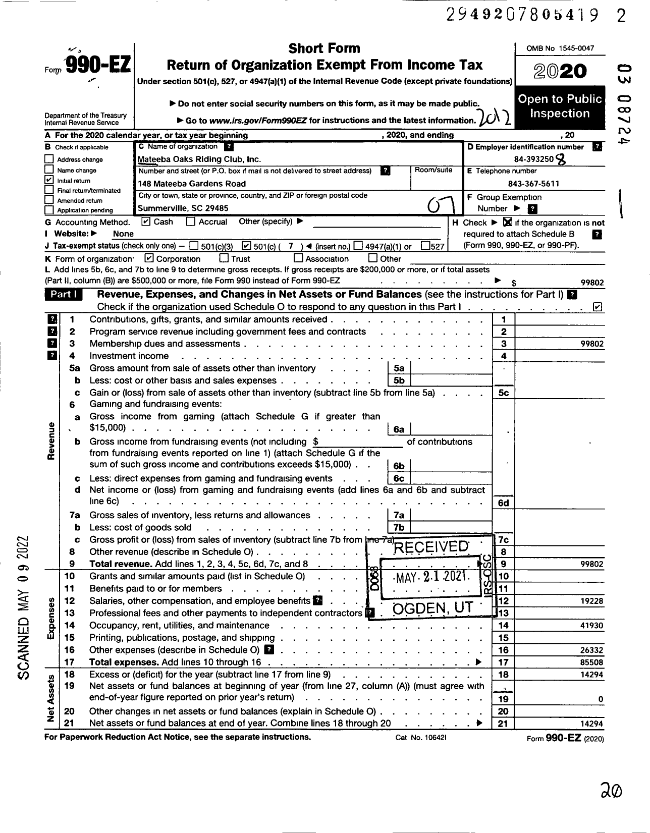 Image of first page of 2020 Form 990EO for Mateeba Oaks Riding Club