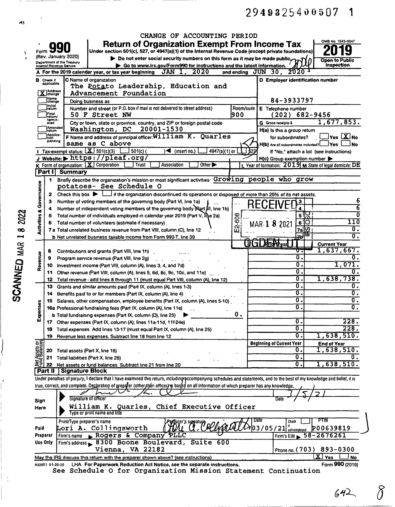 Image of first page of 2019 Form 990 for The Potato Leadership Education and Advancement Foundation