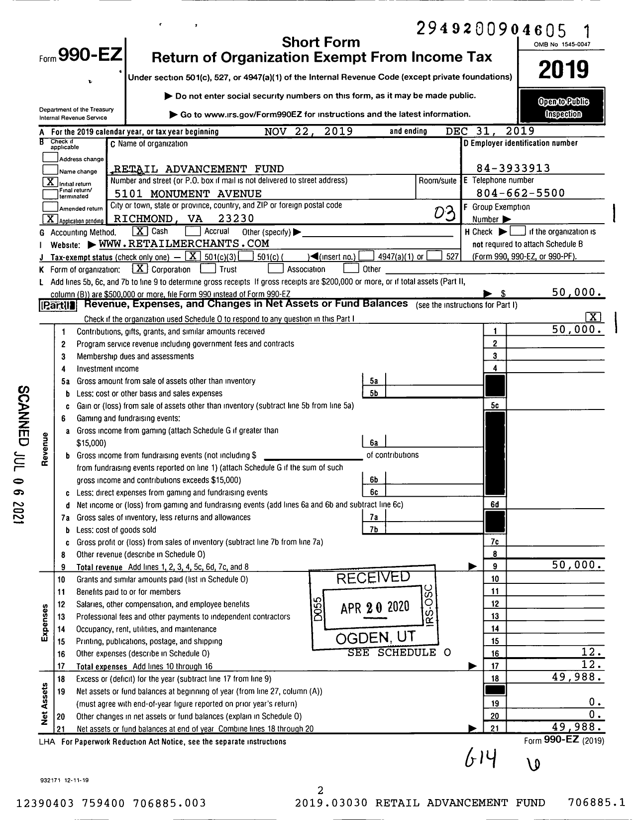 Image of first page of 2019 Form 990EZ for Retail Advancement Fund