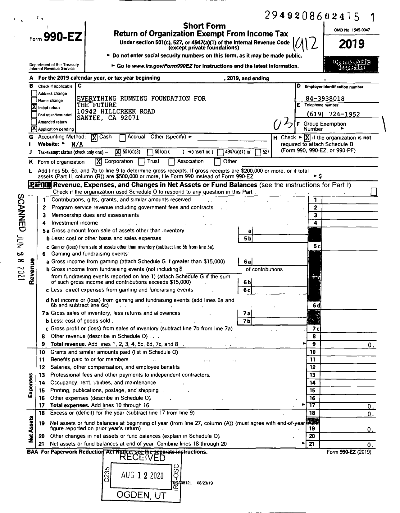 Image of first page of 2019 Form 990EZ for Everything Running Foundation for the Future