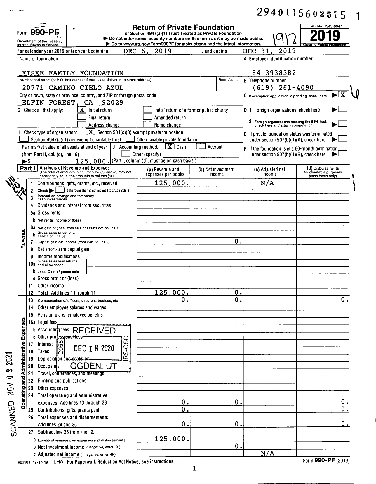 Image of first page of 2019 Form 990PF for Fiske Family Foundation