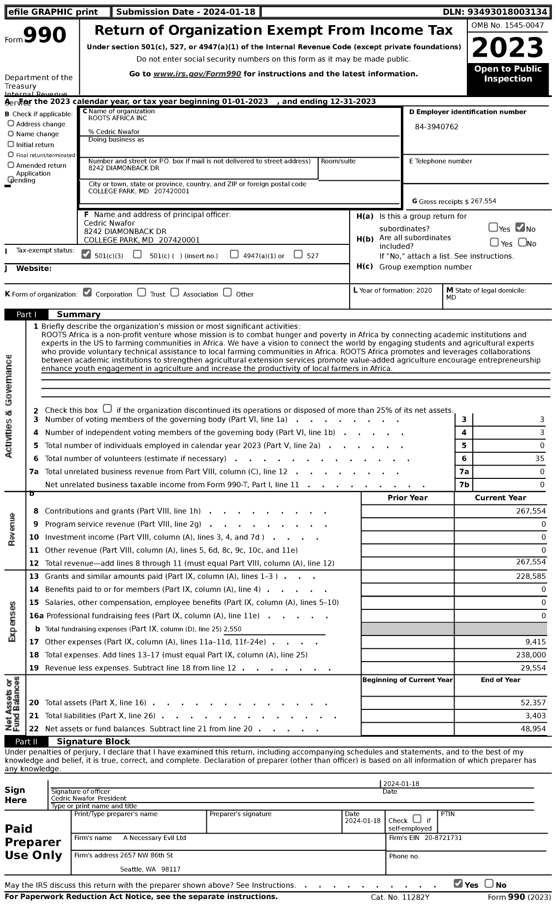 Image of first page of 2023 Form 990 for Roots Africa