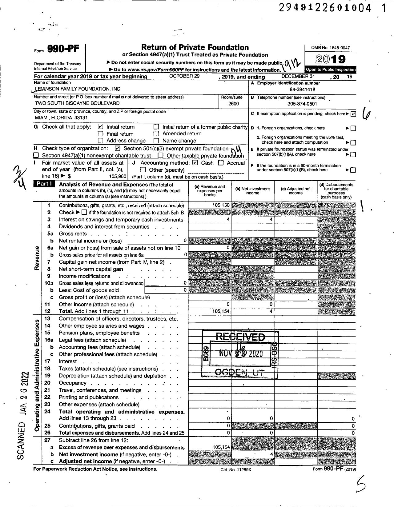 Image of first page of 2019 Form 990PF for Levinson Family Foundation