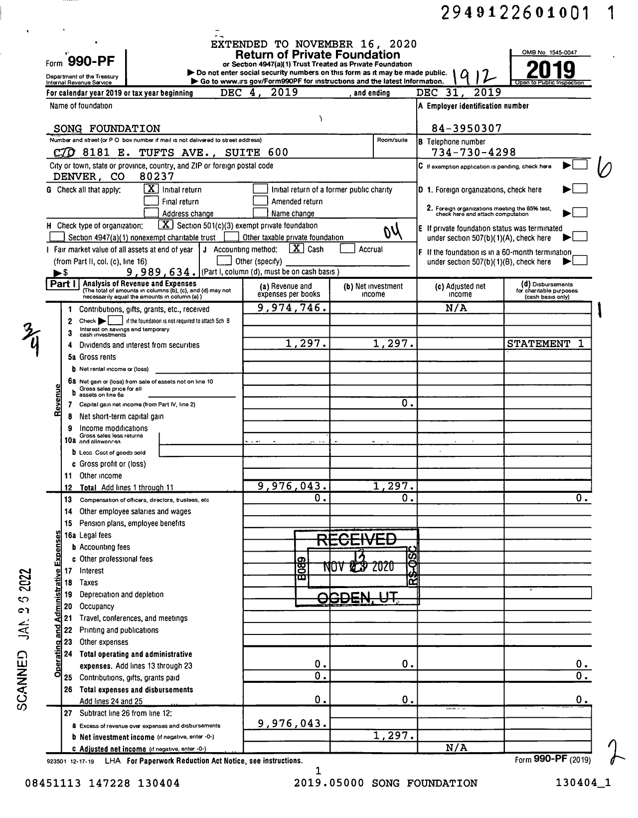 Image of first page of 2019 Form 990PF for Song Foundation