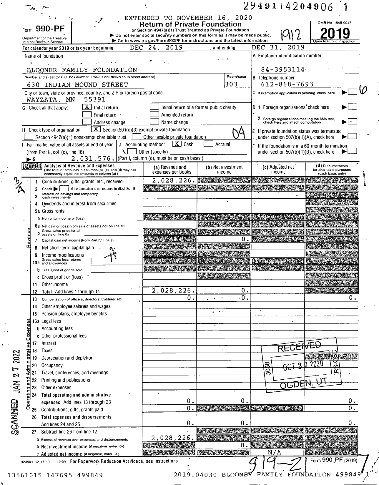 Image of first page of 2019 Form 990PF for Bloomer Family Foundation