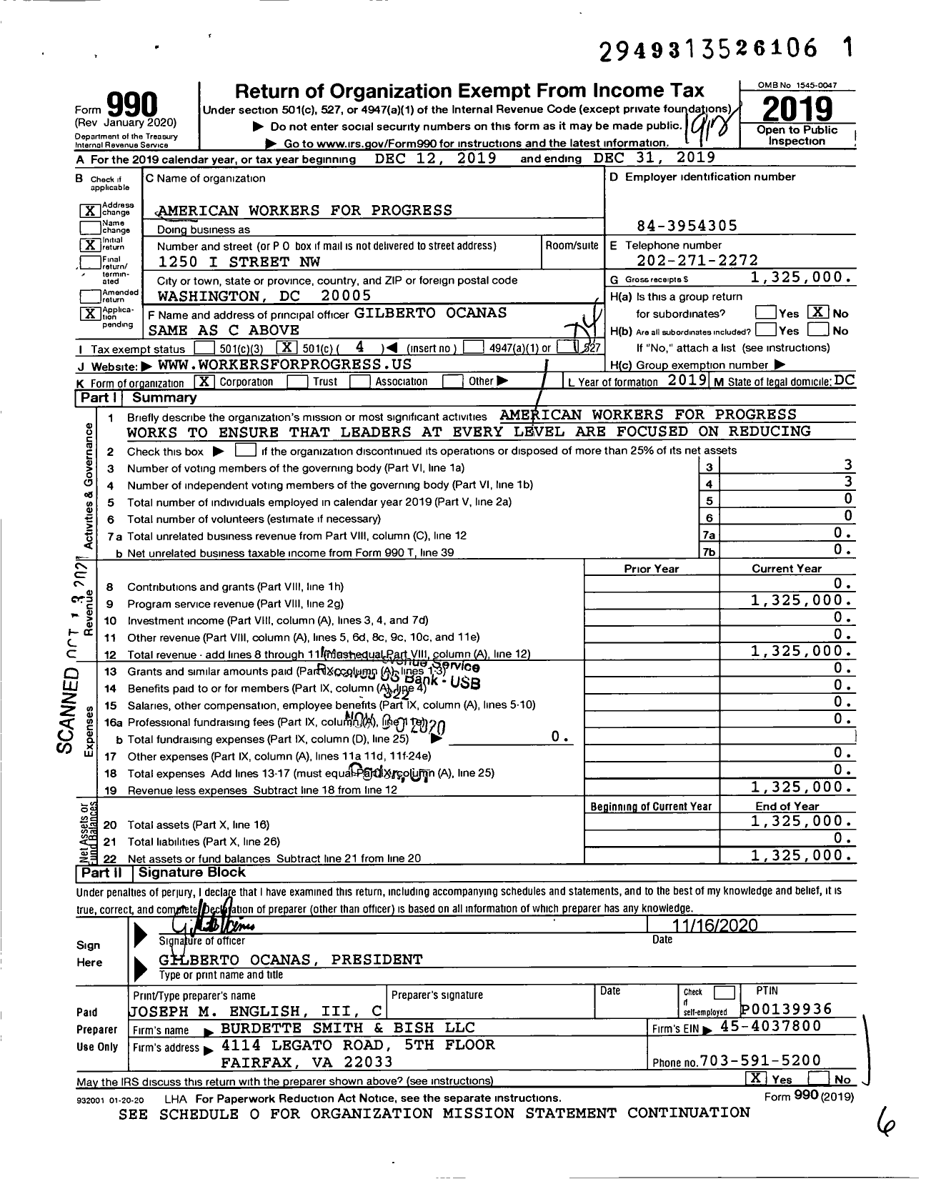 Image of first page of 2019 Form 990O for American Workers for Progress