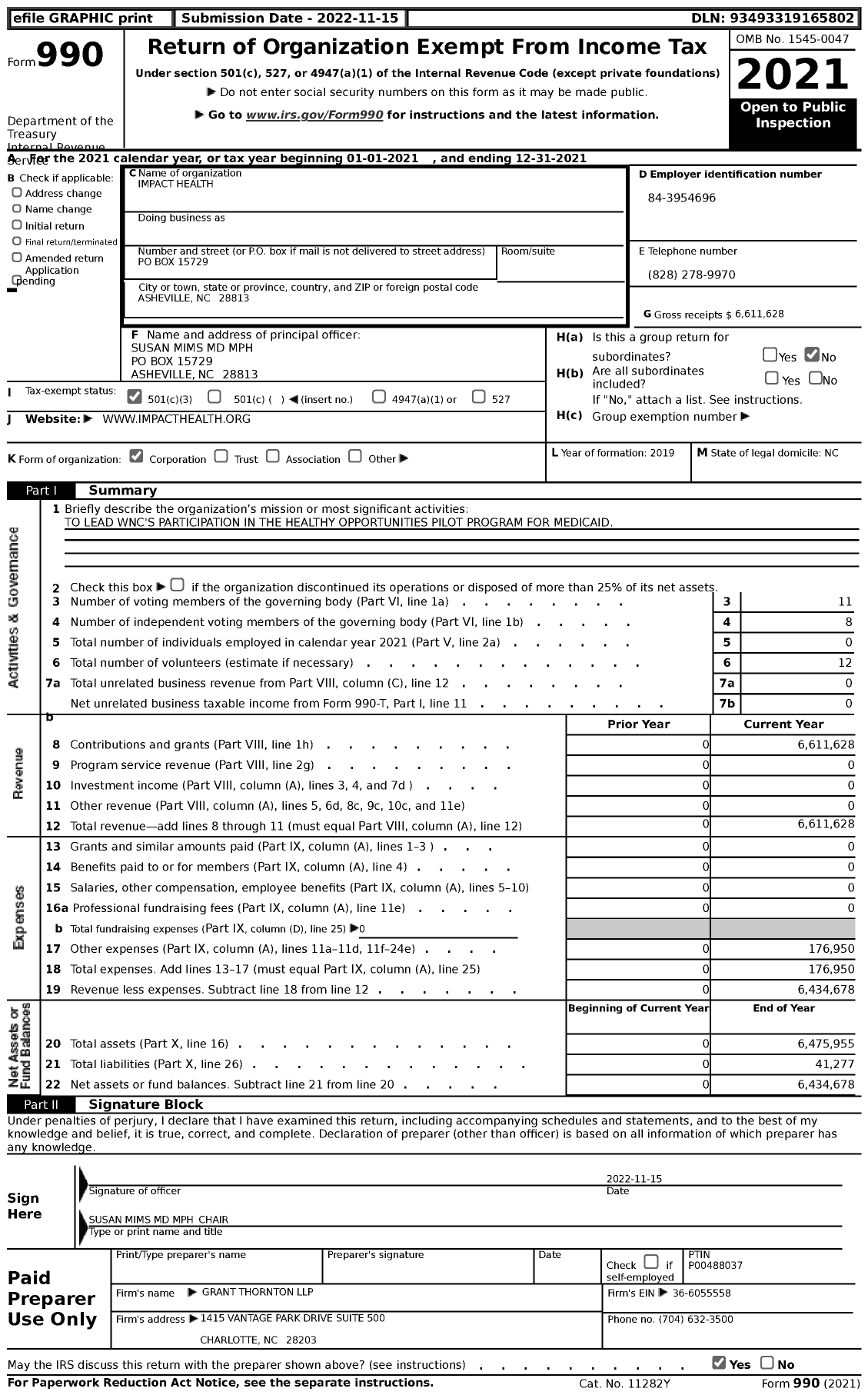 Image of first page of 2021 Form 990 for Impact Health