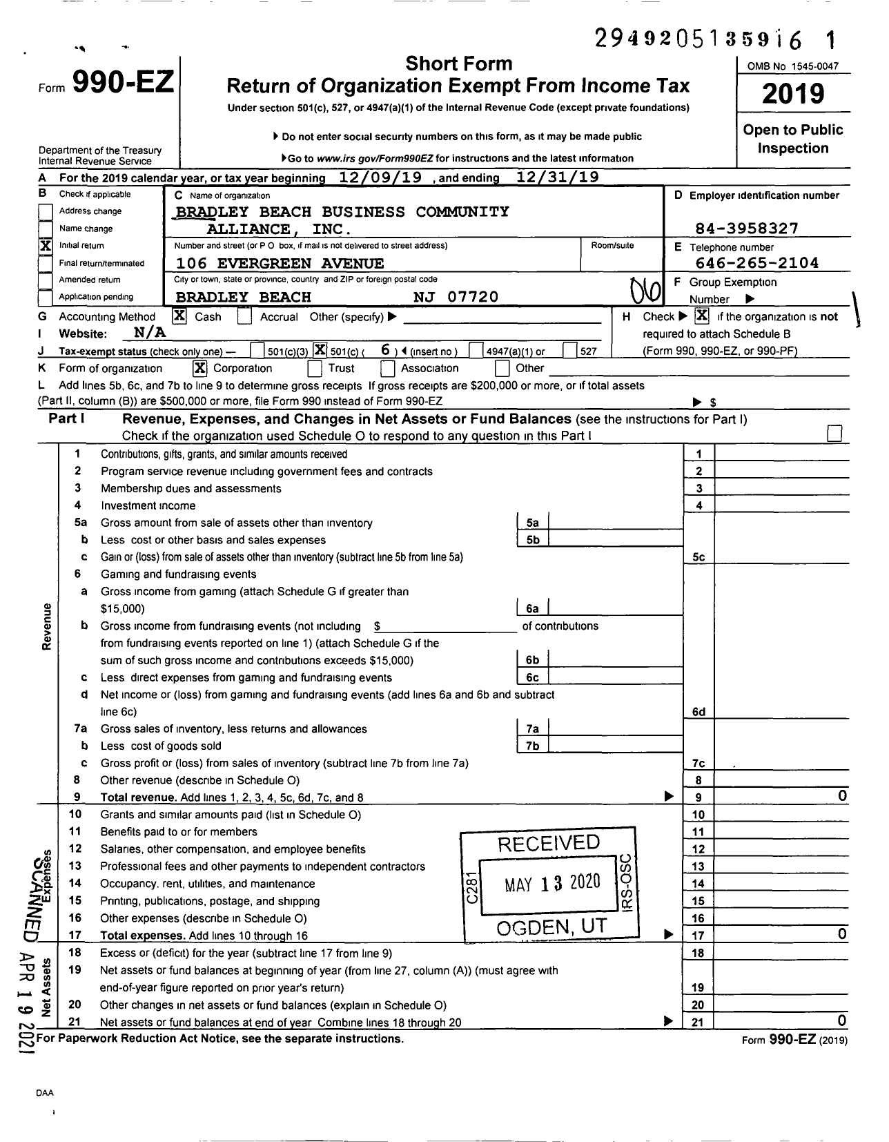 Image of first page of 2019 Form 990EO for Bradley Beach Business Community Alliance