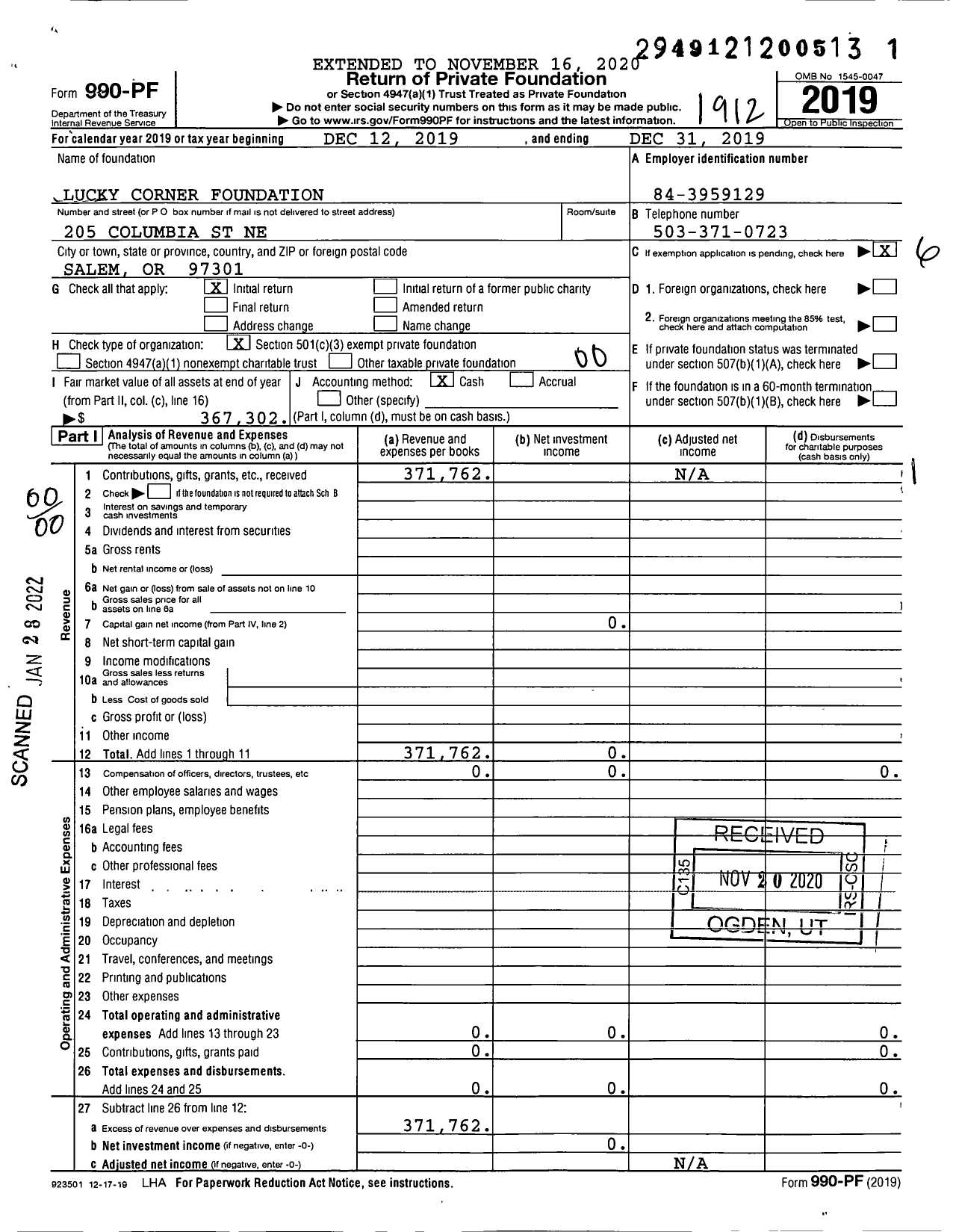 Image of first page of 2019 Form 990PF for Lucky Corner Foundation