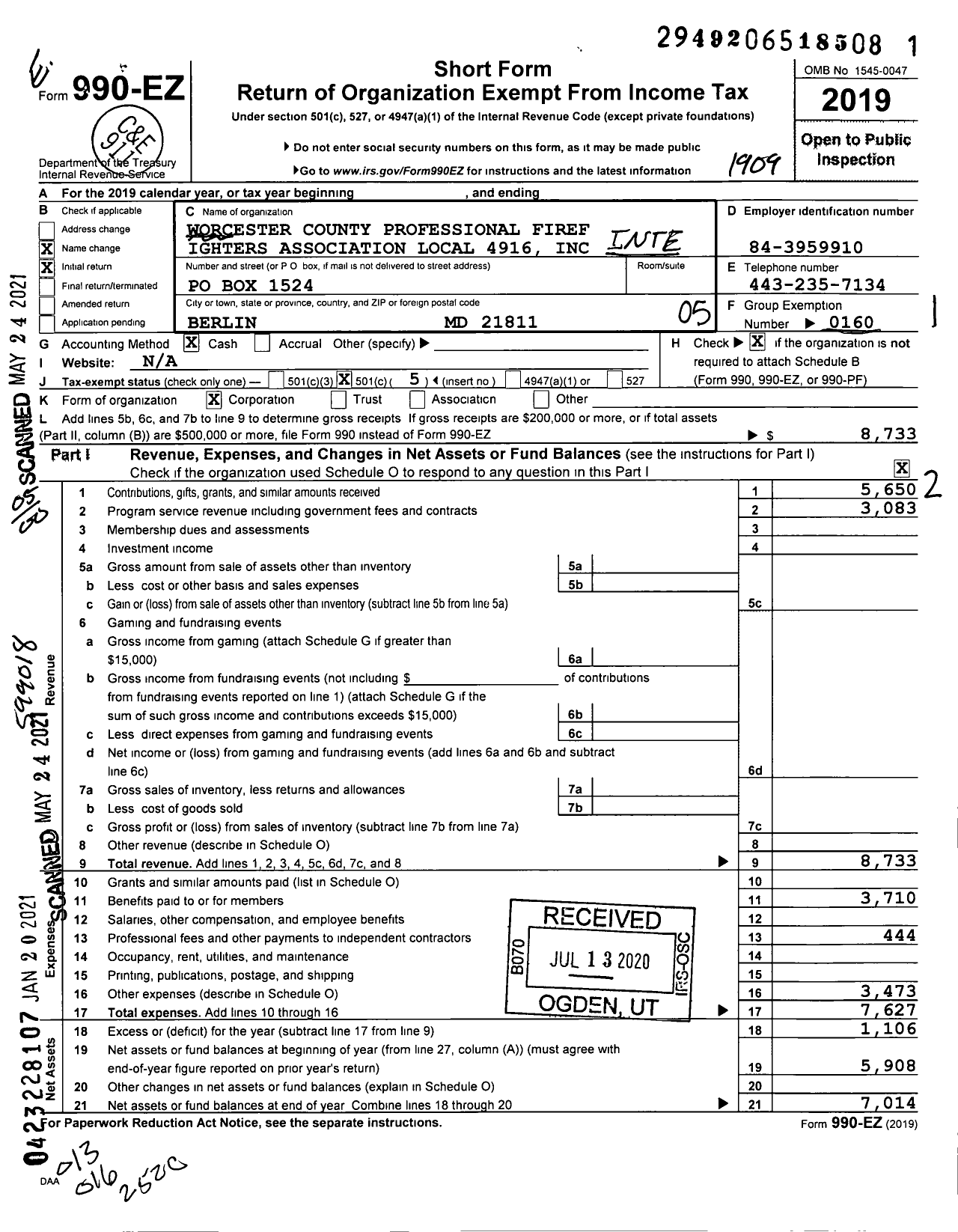 Image of first page of 2018 Form 990EO for International Association of Fire Fighters - 4916 Worcester County Local