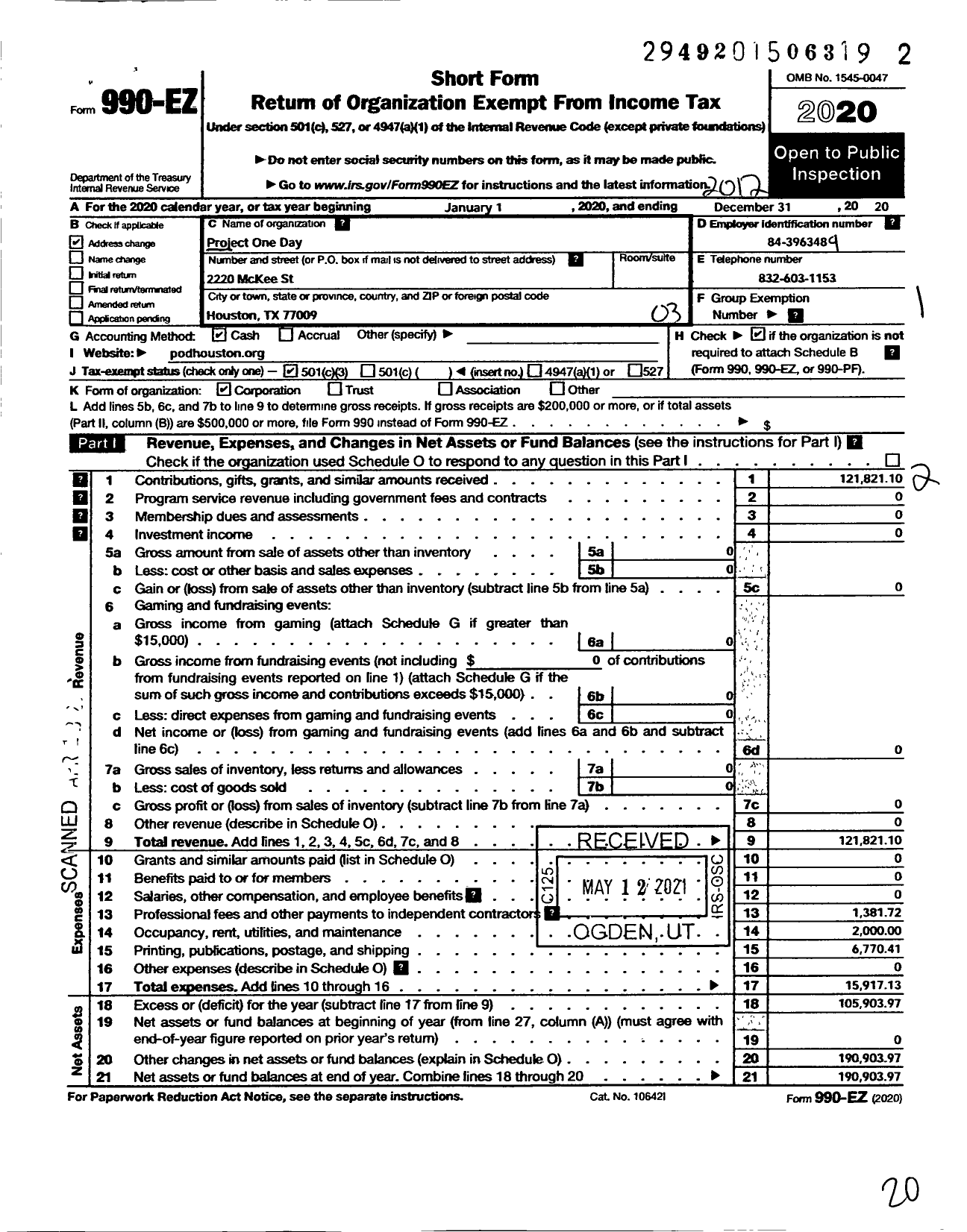 Image of first page of 2020 Form 990EZ for Project One Day