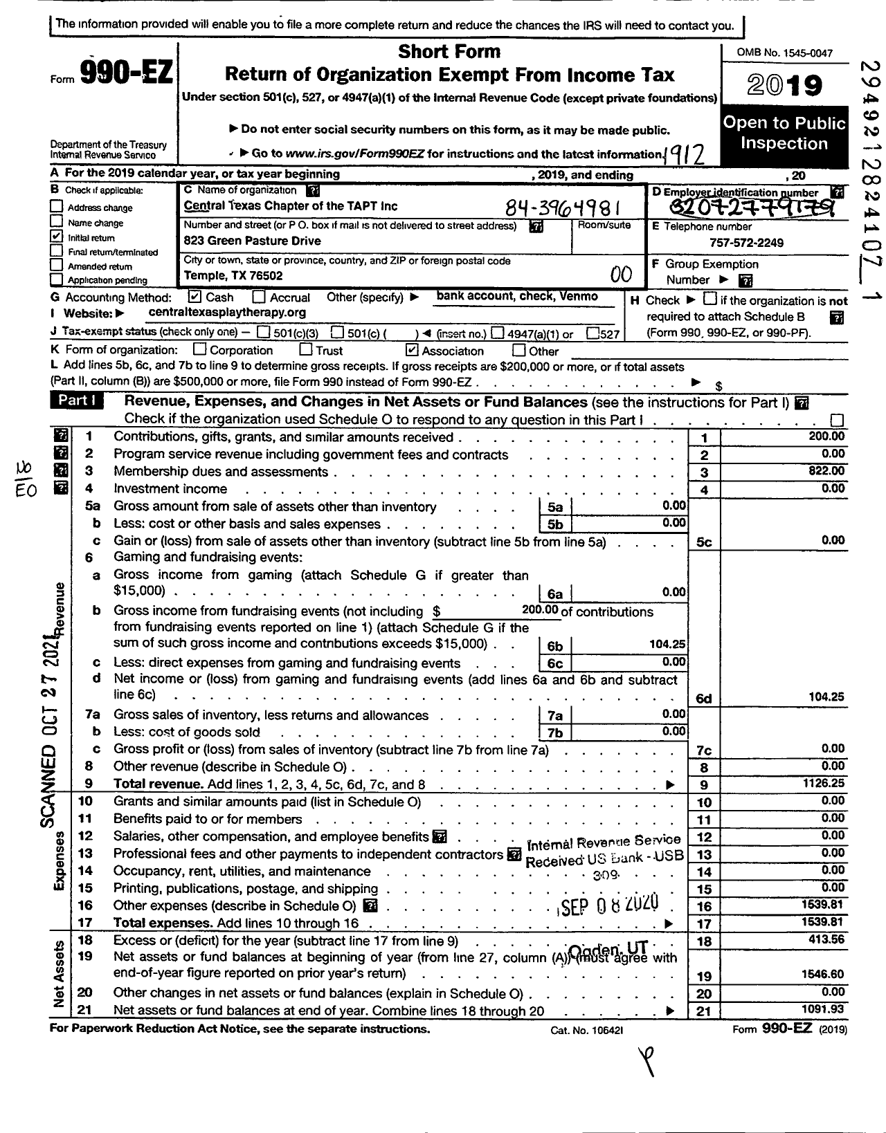 Image of first page of 2019 Form 990EO for Central Texas Chapter of the Tapt