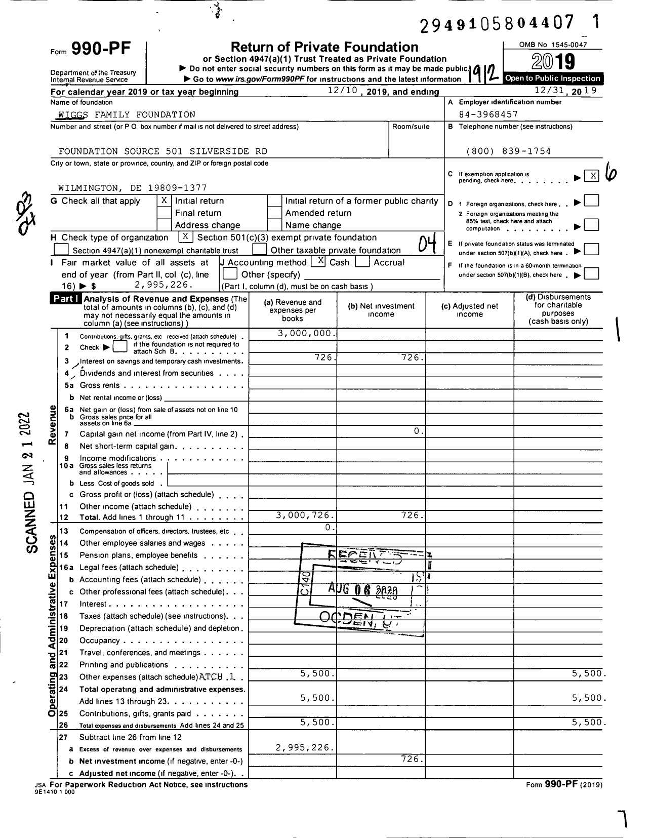 Image of first page of 2019 Form 990PF for Wiggs Family Foundation