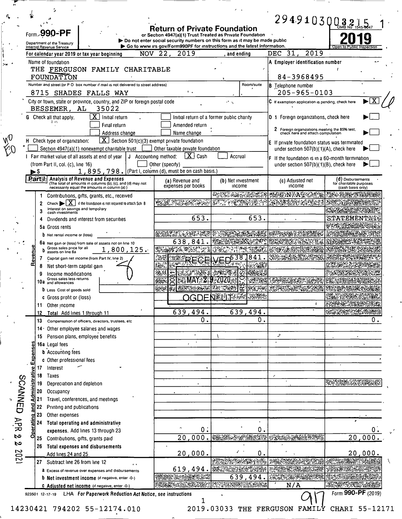 Image of first page of 2019 Form 990PF for The Ferguson Family Charitable Foundation