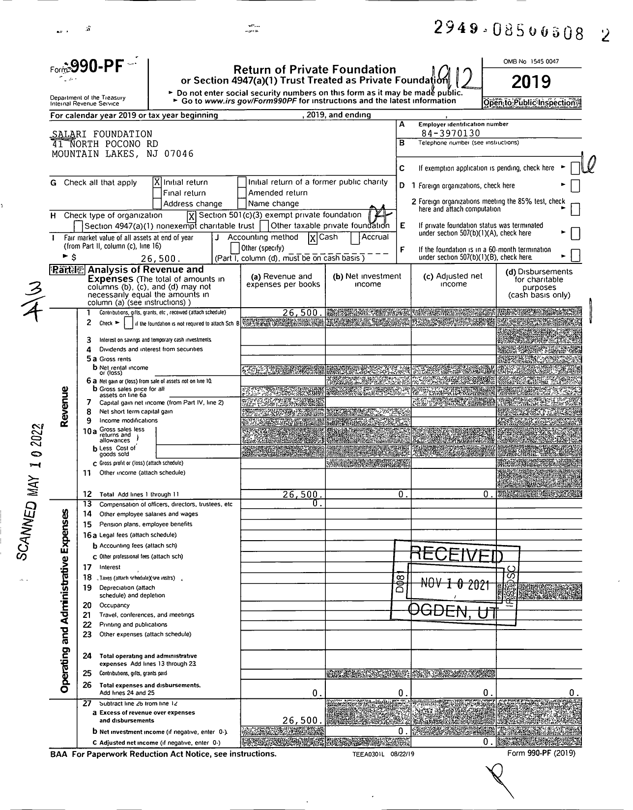 Image of first page of 2019 Form 990PF for Salari Foundation