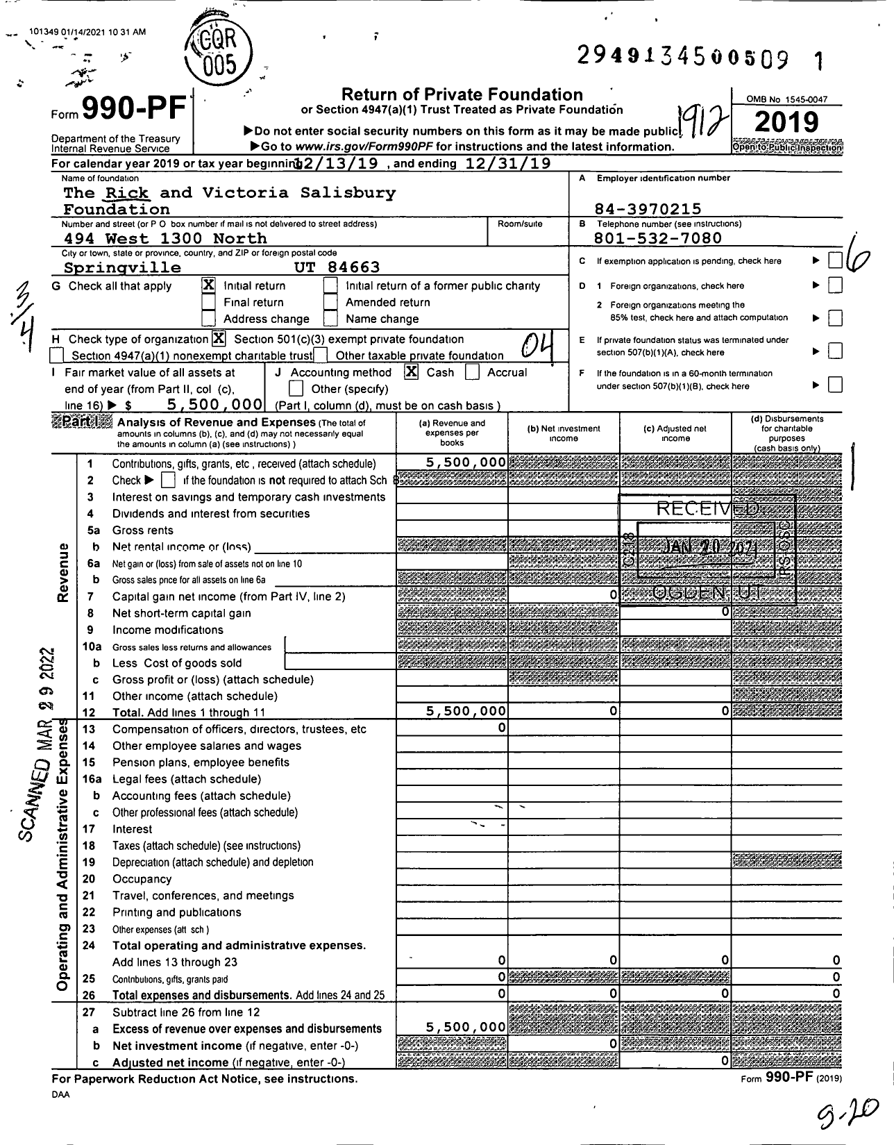 Image of first page of 2019 Form 990PF for The Rick and Victoria Salisbury Foundation