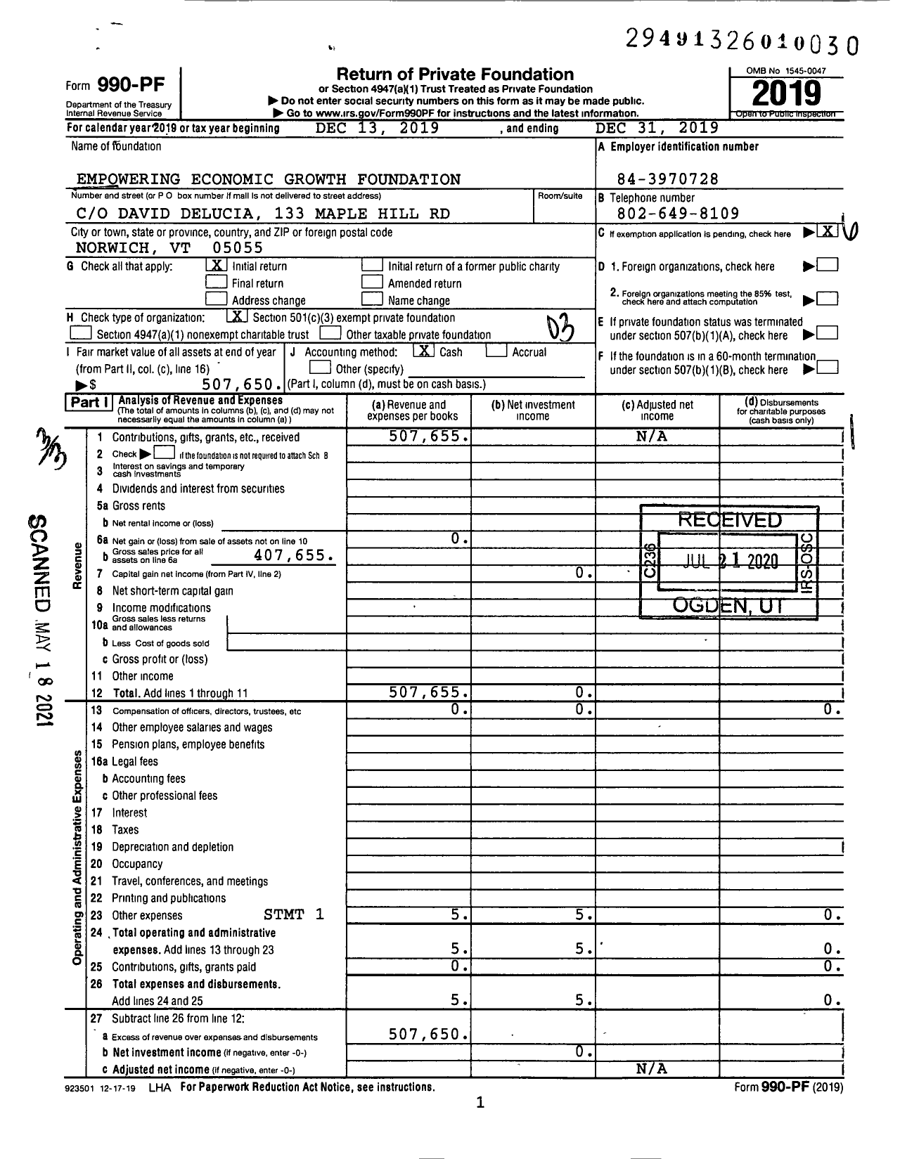 Image of first page of 2019 Form 990PF for Empowering Economic Growth Foundation