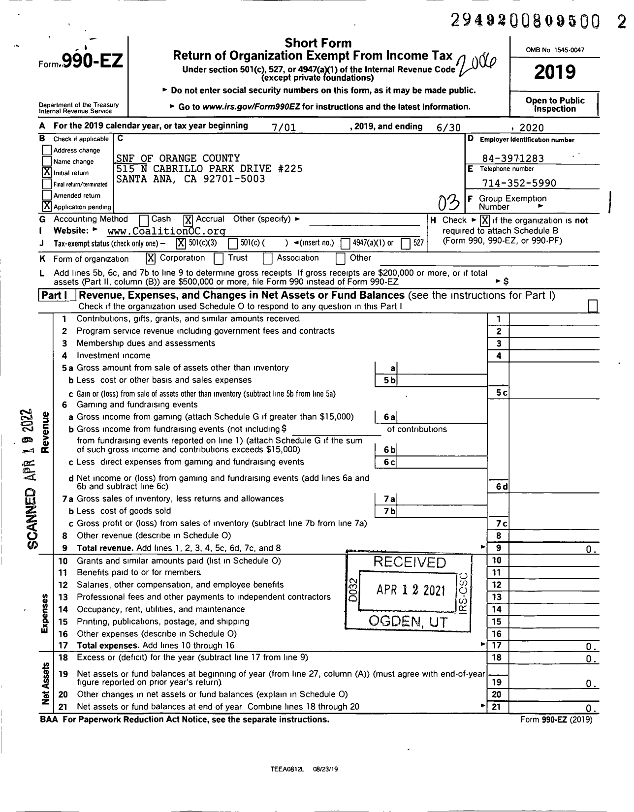 Image of first page of 2019 Form 990EZ for SNF of Orange County