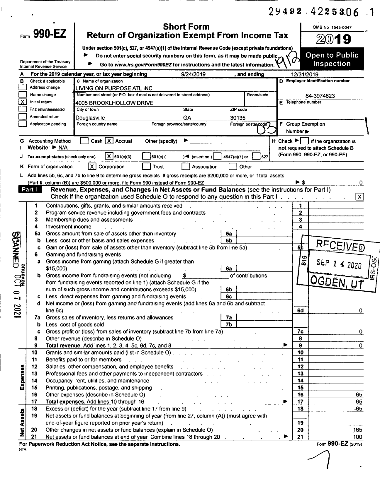 Image of first page of 2019 Form 990EZ for Living on Purpose Atl