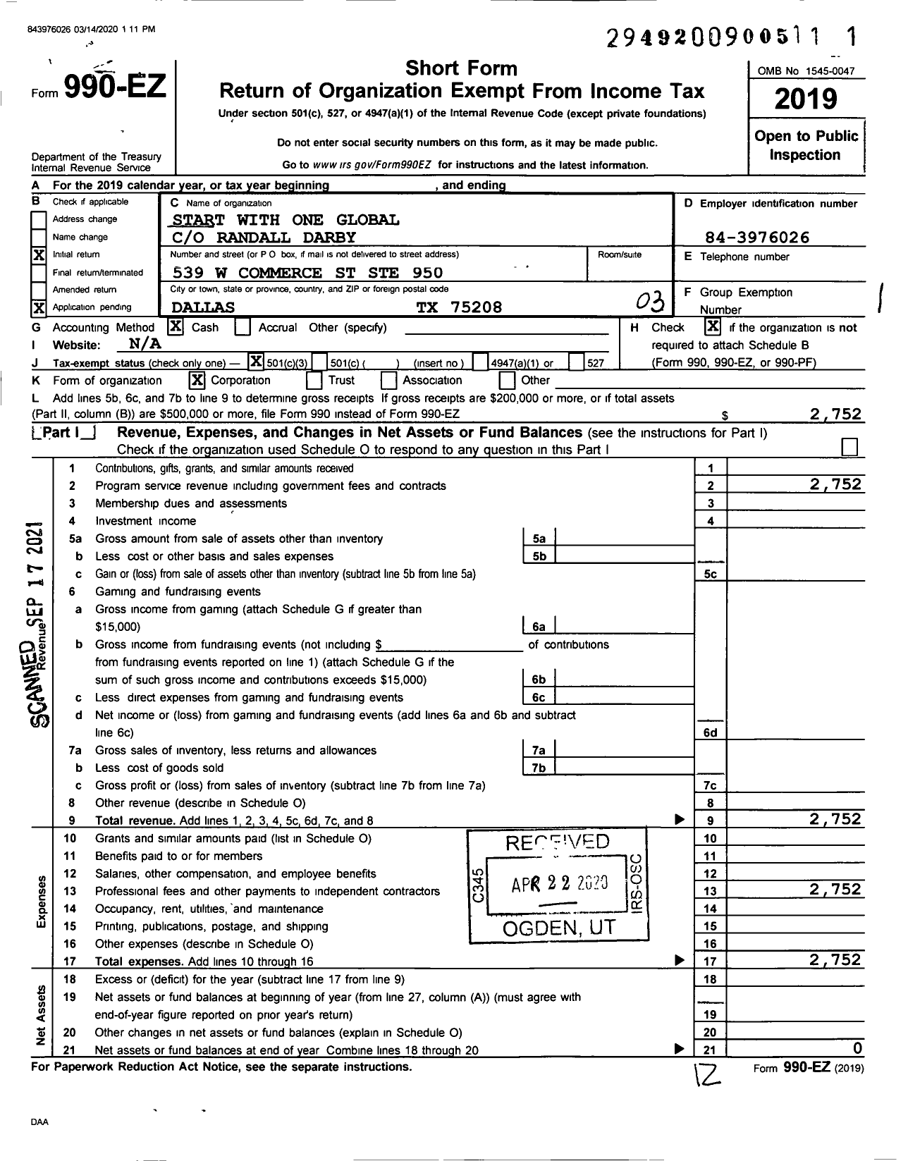 Image of first page of 2019 Form 990EZ for Start with One Global