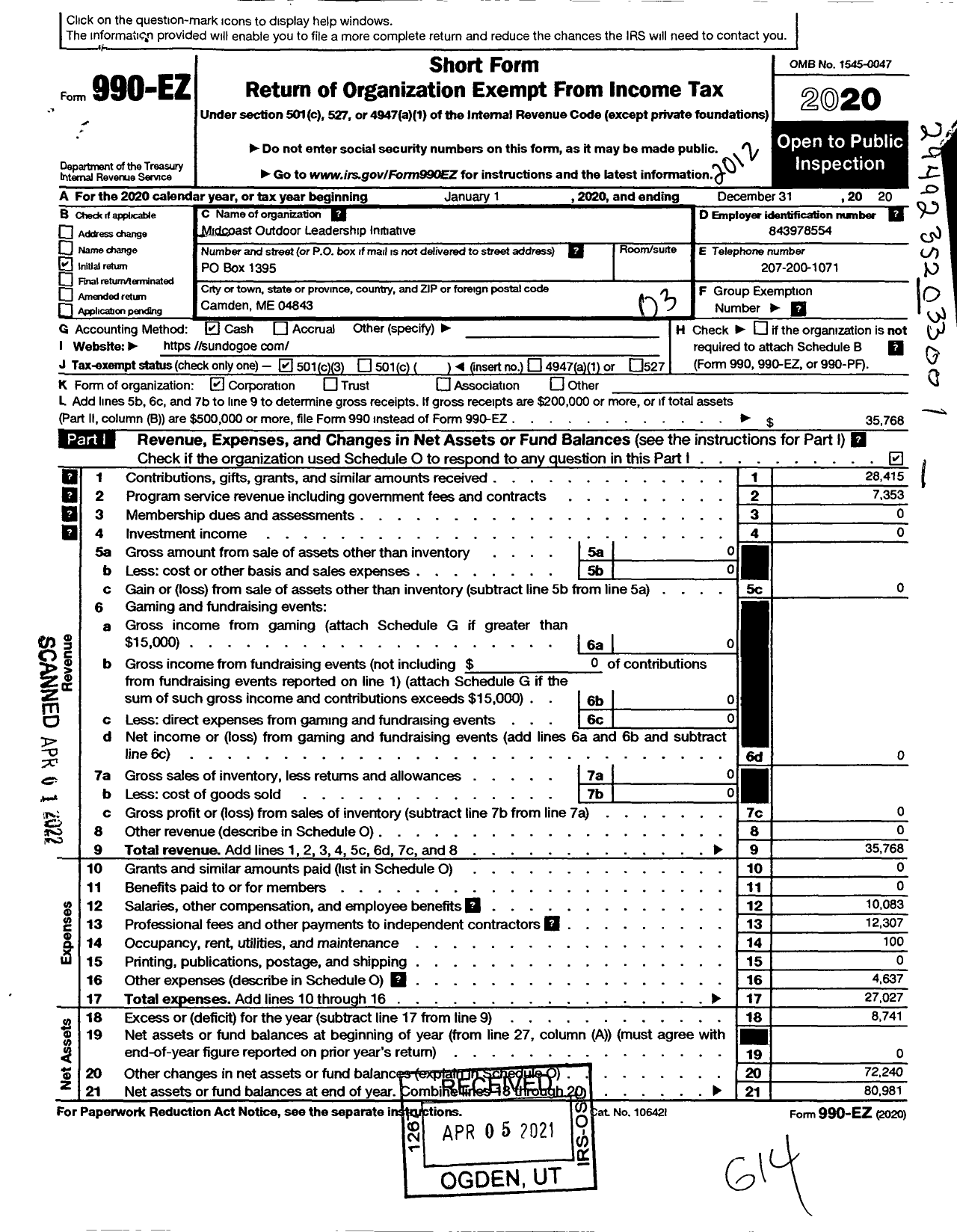 Image of first page of 2020 Form 990EZ for Midcoast Outdoor Leadership Initiative