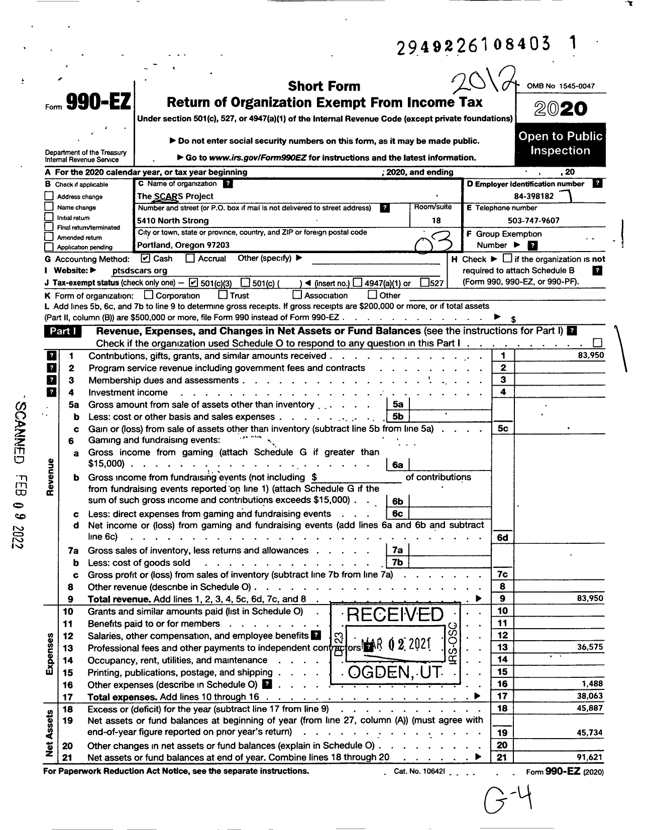 Image of first page of 2020 Form 990EZ for Scars Project