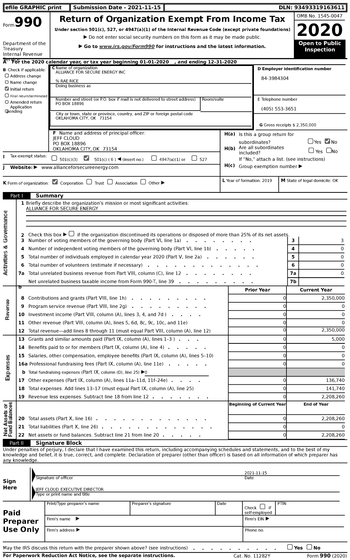 Image of first page of 2020 Form 990 for Alliance for Secure Energy